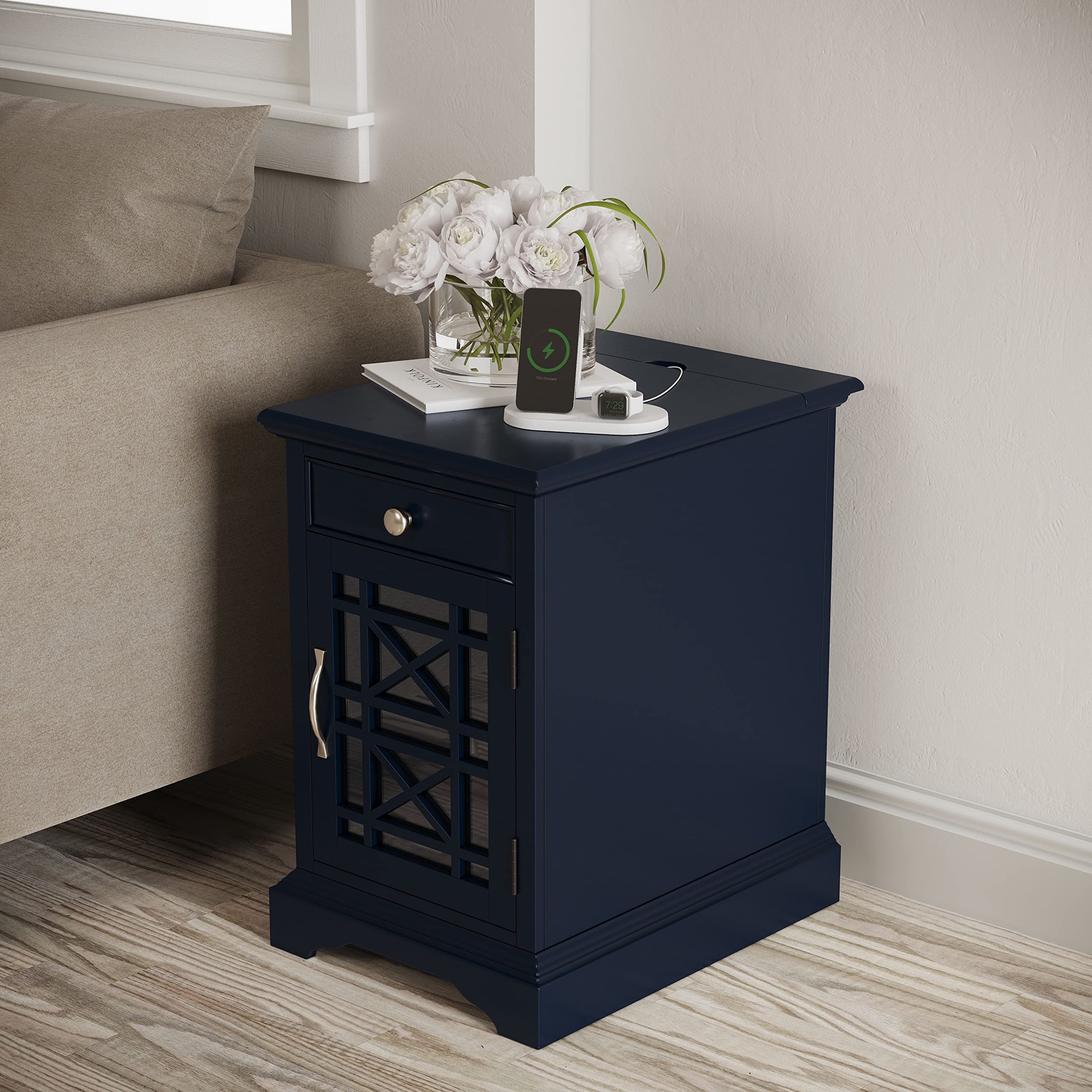 Farmhouse Style USB Charging Station End Table with Glass Door & Storage - Nightstand for Bedroom, Living Room, Office - Navy Wooden Side Table for Phone & Device Organization