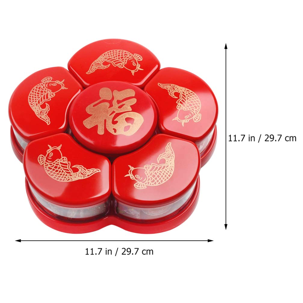 Hemoton 6-Compartment Rotating Candy Dish with Lid - Snack Storage Tray for Dried Fruits, Nuts, Chocolates - Perfect for Home, Chinese New Year, Wedding Party, Office Snacks (Red)
