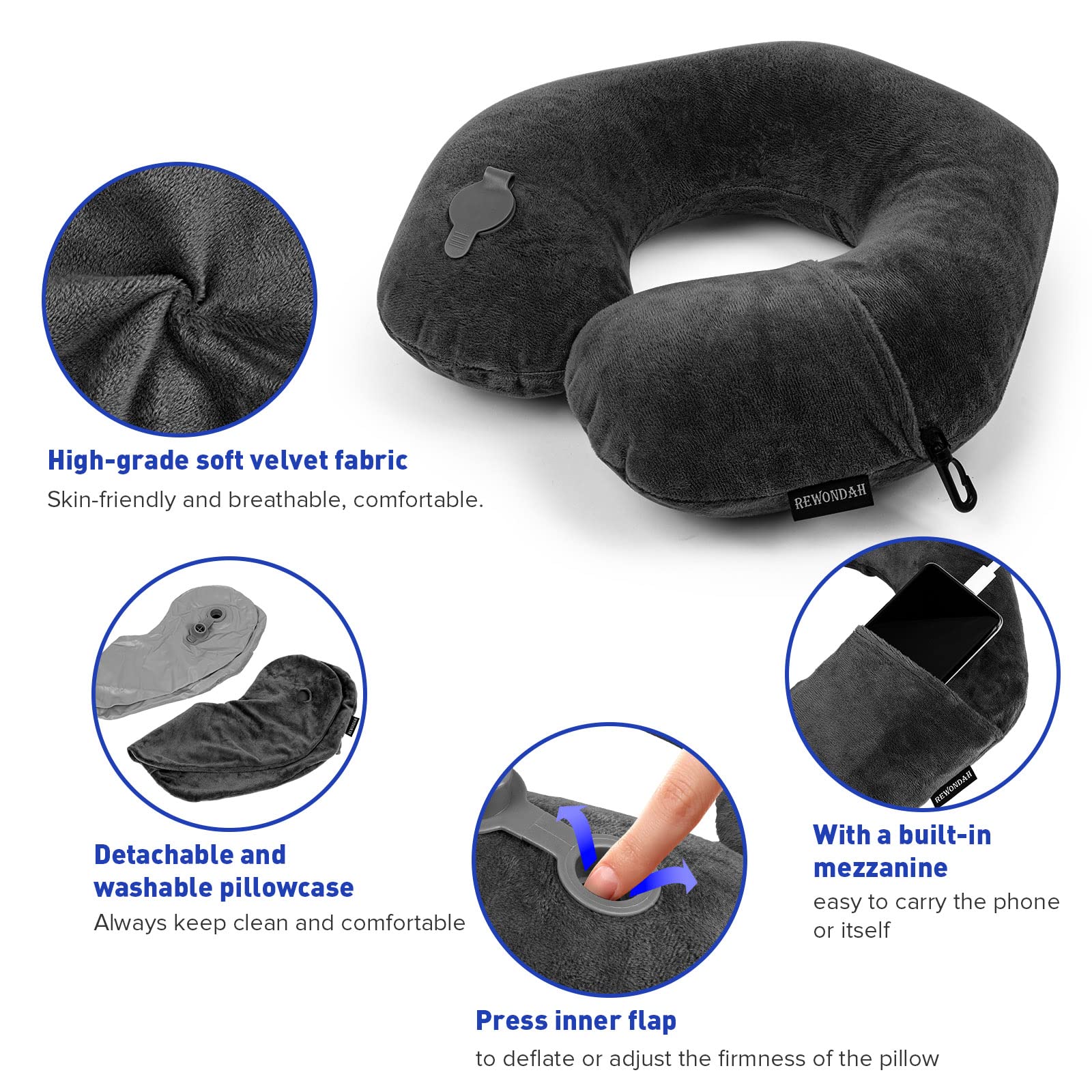 Rewondah Inflatable Travel Pillow - Ultra Soft Velour Washable U-Shaped Neck Pillow for Airplane, Train & Car Travel | Compact & Portable for Business Trips, Long Flights & Road Trips