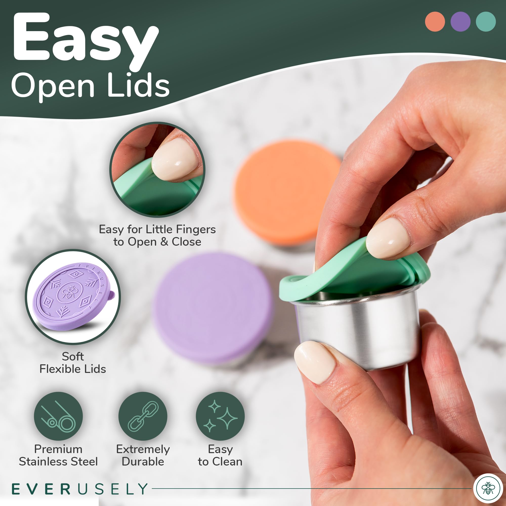 Everusely Stainless Steel Condiment Cups - 3 Pack, 1.7 oz with Lids - Perfect for Lunchbox & Meal Prep