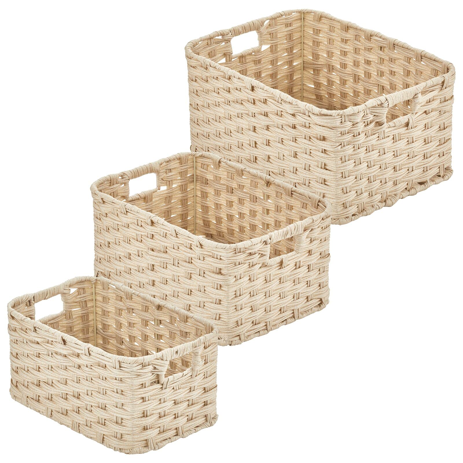 mDesign Woven Storage Baskets Set of 3 - Braided Rope Organizer Bins with Handles for Closet, Bedroom, Bathroom | Home Decor & Office Organization | Cream Beige Nested Bins | Perfect for Entryway, Laundry Room & Kids' Toy Storage