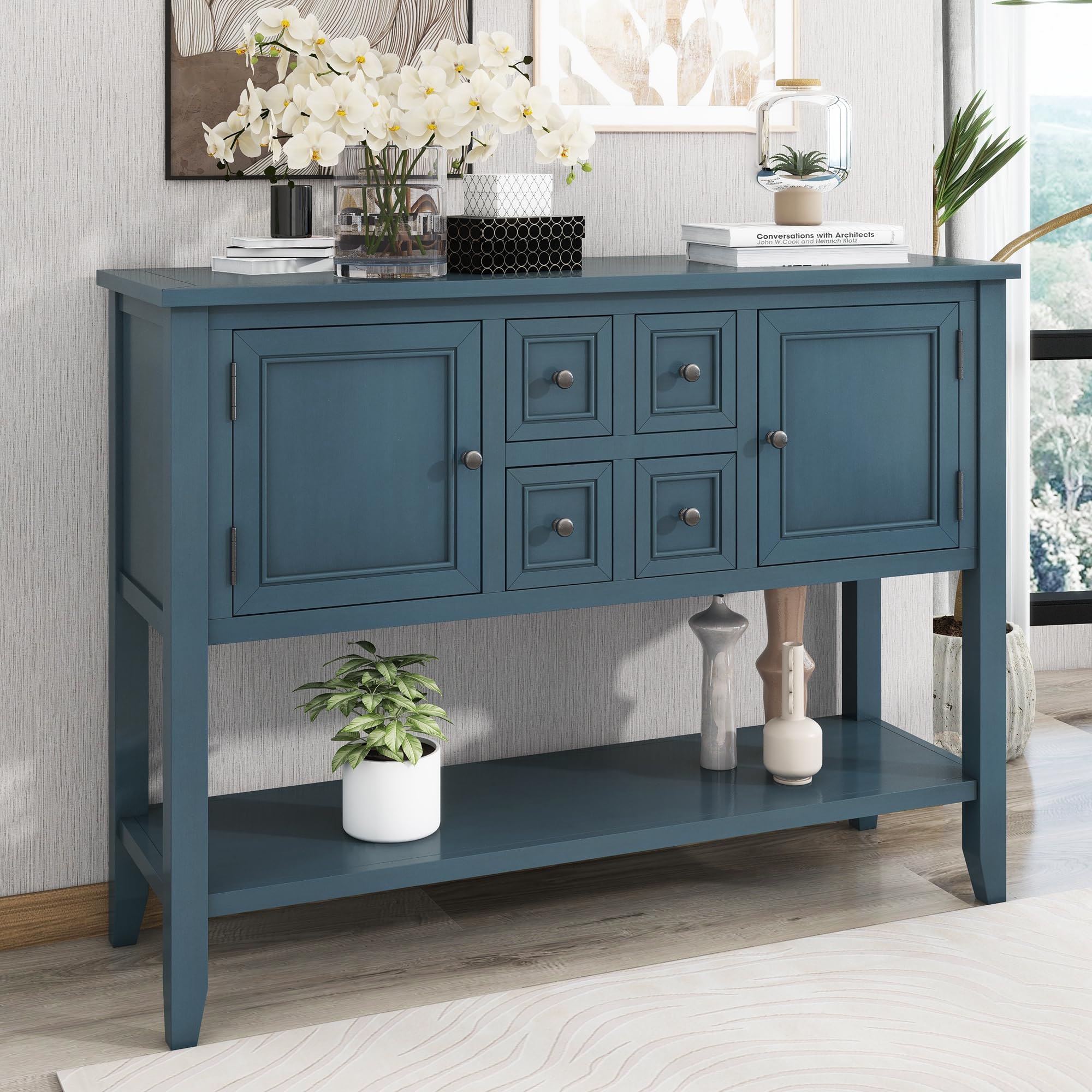Harper & Bright Designs Buffet Cabinet - Antique Navy Kitchen Storage Sideboard with 4 Drawers, 2 Cabinets & Bottom Shelf | Perfect for Dining Room, Living Room & Entryway Storage