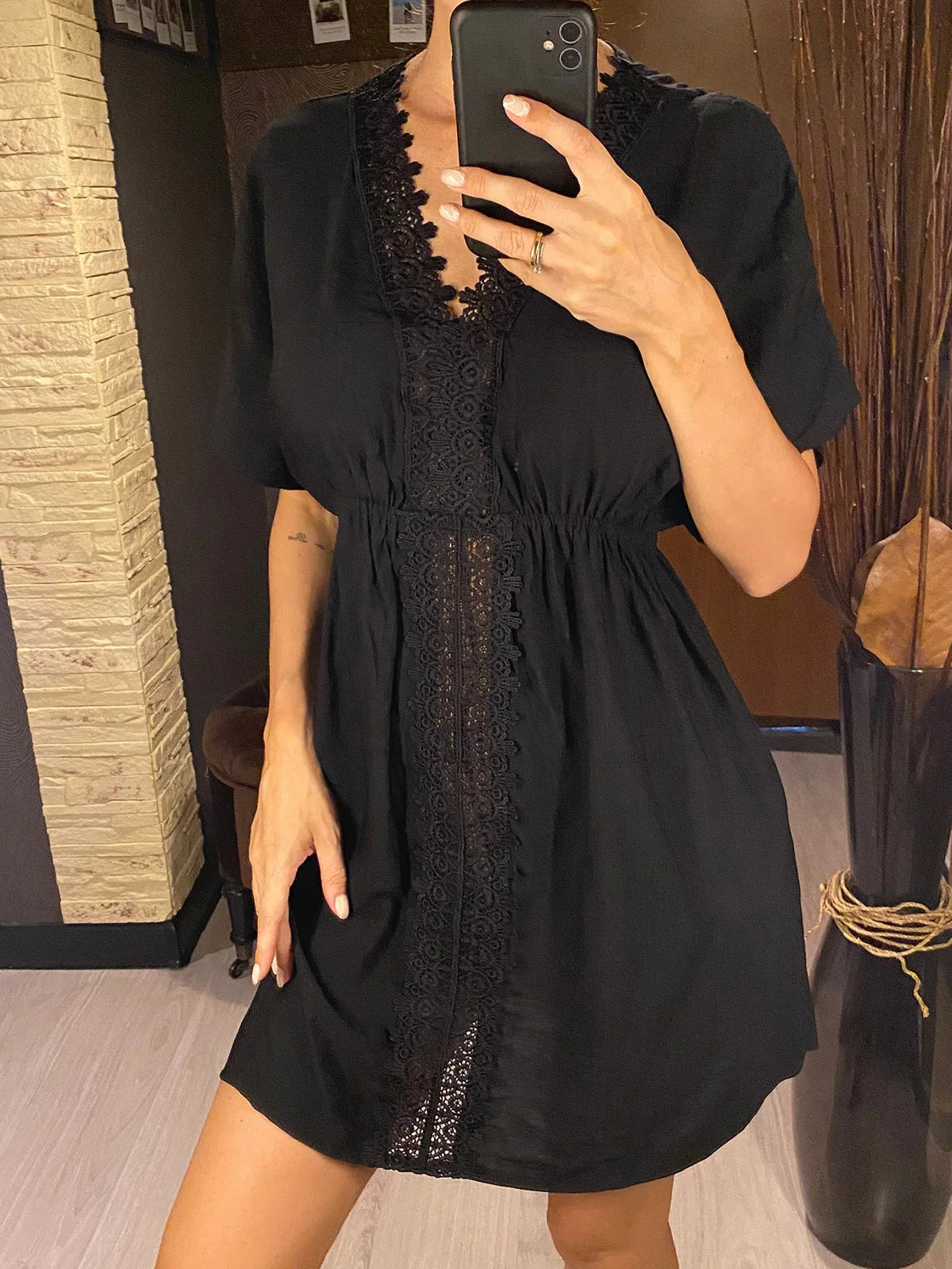 4 Colors V-Neck Lace Short Sleeve Tunic Beach Cover Up Dress for Women - Flowy Summer Beachwear, Swim Cover, Pool Party Outfit & Vacation Dress