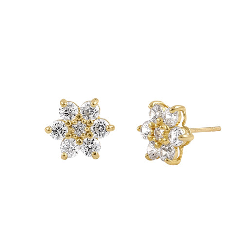14K Solid Yellow Gold Flower Stud Earrings with CZ Stones – Elegant Floral Jewelry for Women, Perfect for Weddings, Parties & Everyday Wear