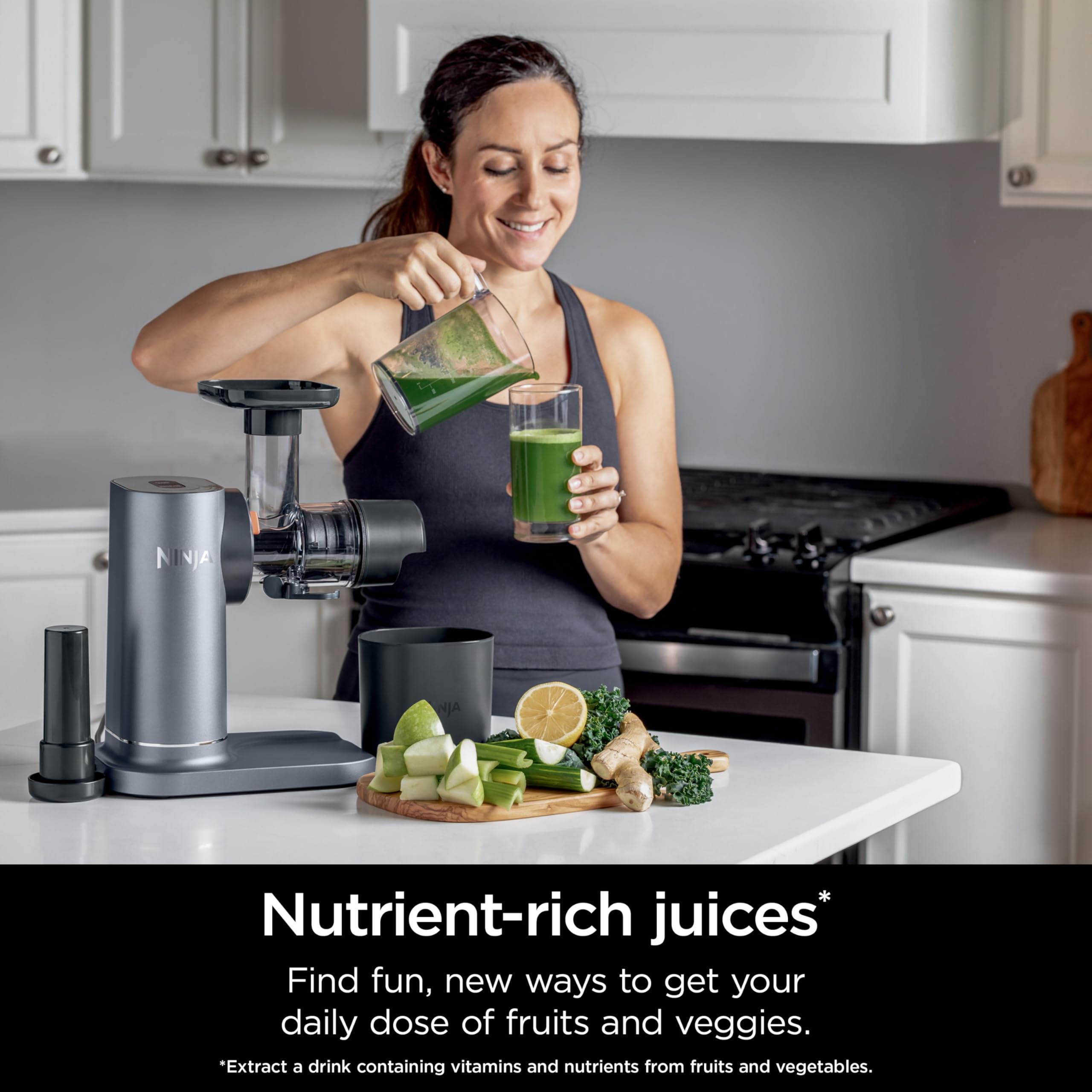 Ninja JC150 NeverClog Cold Press Juicer - Powerful Slow Masticating Juicer with Adjustable Pulp Control, Quiet Countertop Electric Juicer, 2 Pulp Settings, Dishwasher Safe, 2nd Gen (Renewed Silver) - Perfect for Healthy Juicing, Detox Drinks & Family Breakfasts