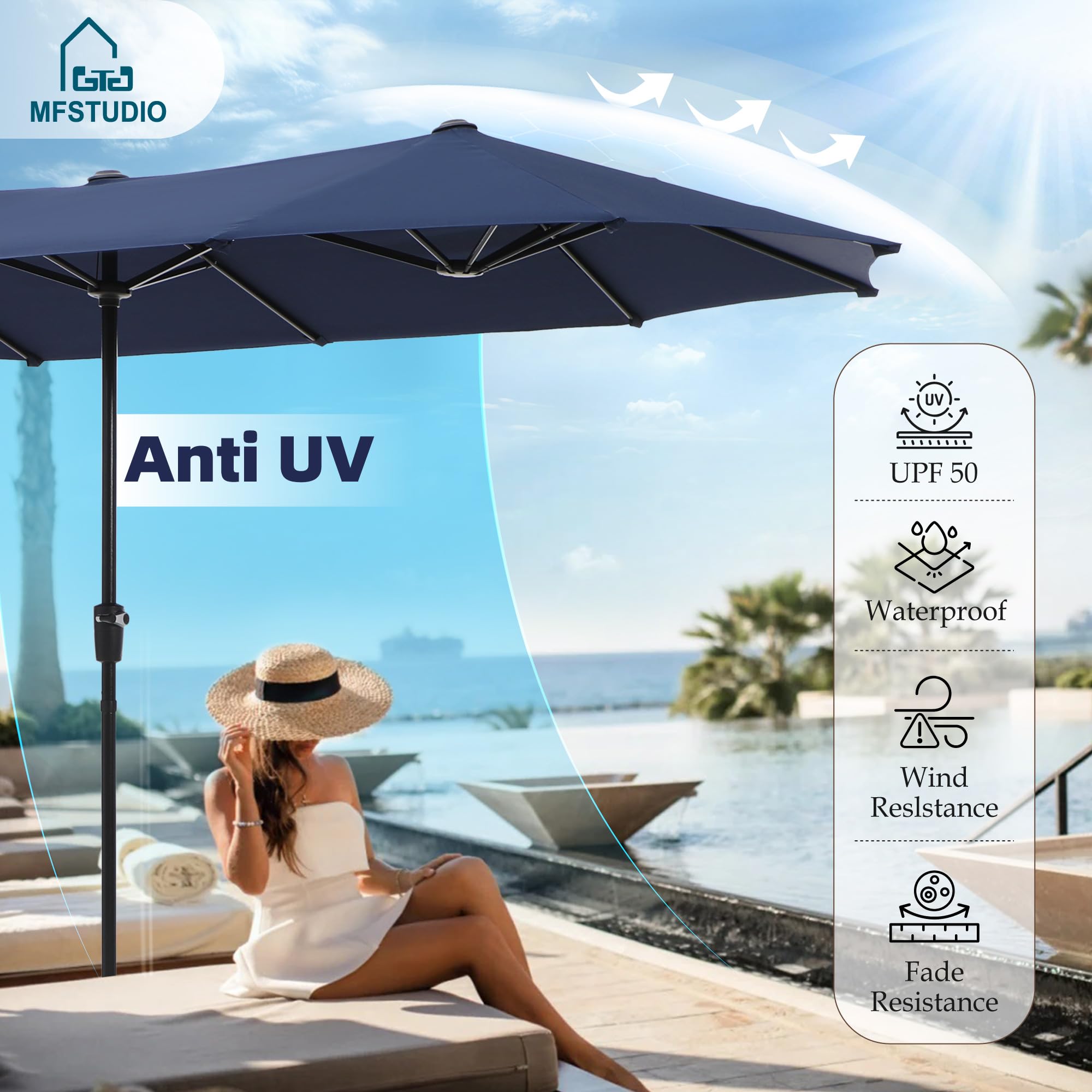MFSTUDIO 6-Piece Outdoor Dining Set with Navy Umbrella - Rectangle Metal Table & Swivel Chairs for Patio, Deck, Backyard, Garden - Perfect for Summer BBQs, Poolside Gatherings & Outdoor Entertaining