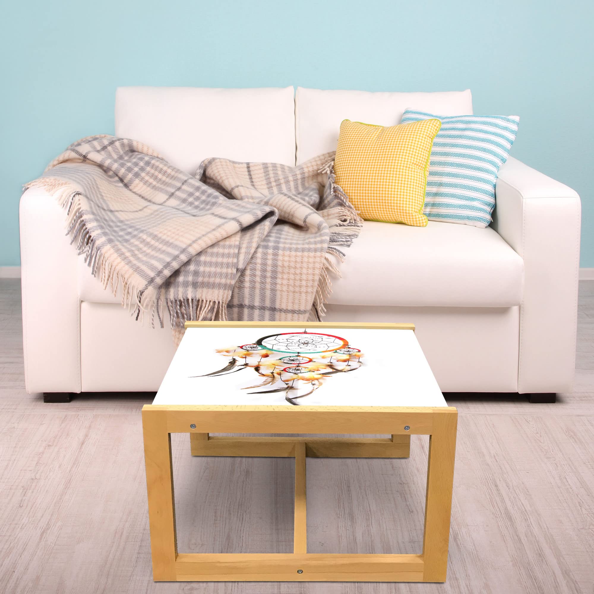 Bohemian Dreamcatcher Coffee Table - Wooden Frame & Acrylic Glass for Office & Dorm Decor