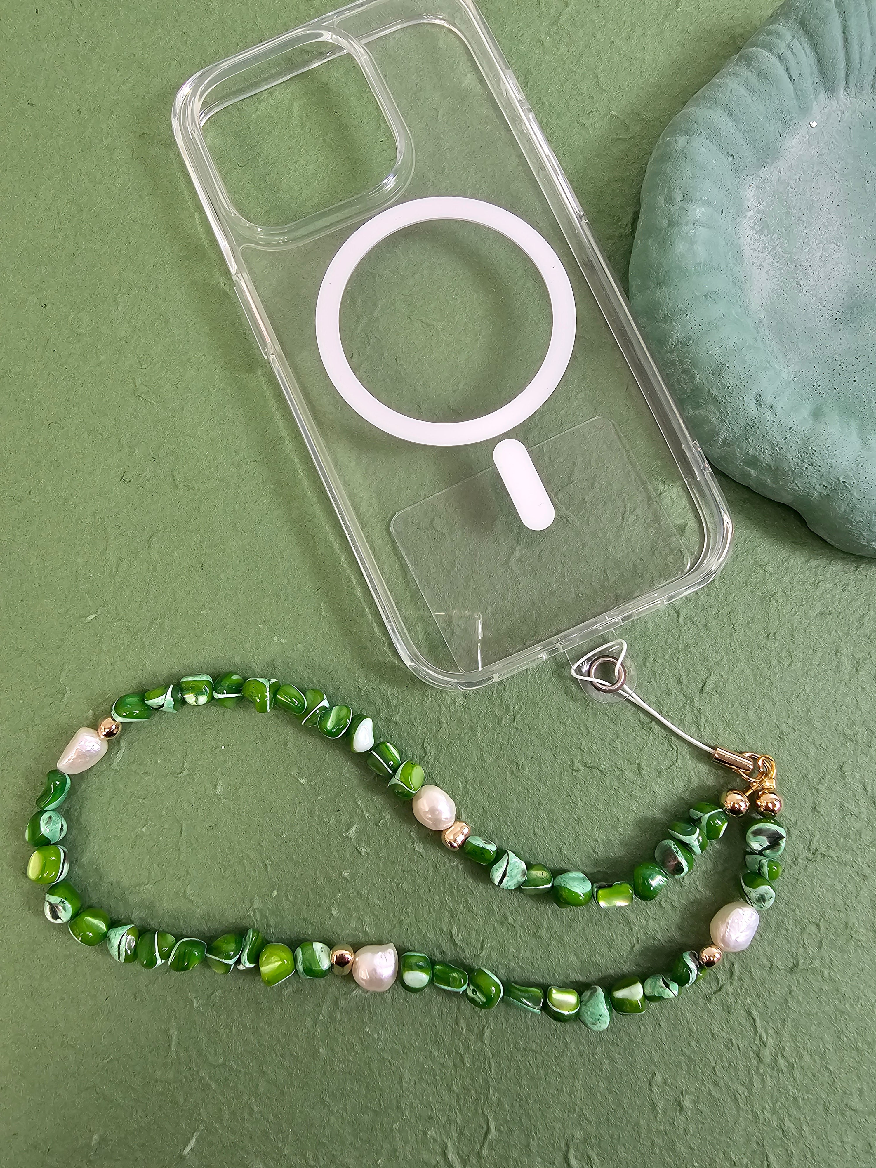 Elegant Green Shell & Freshwater Pearl Phone Strap PC011 - Perfect for Smartphones, Keys & Gift Giving