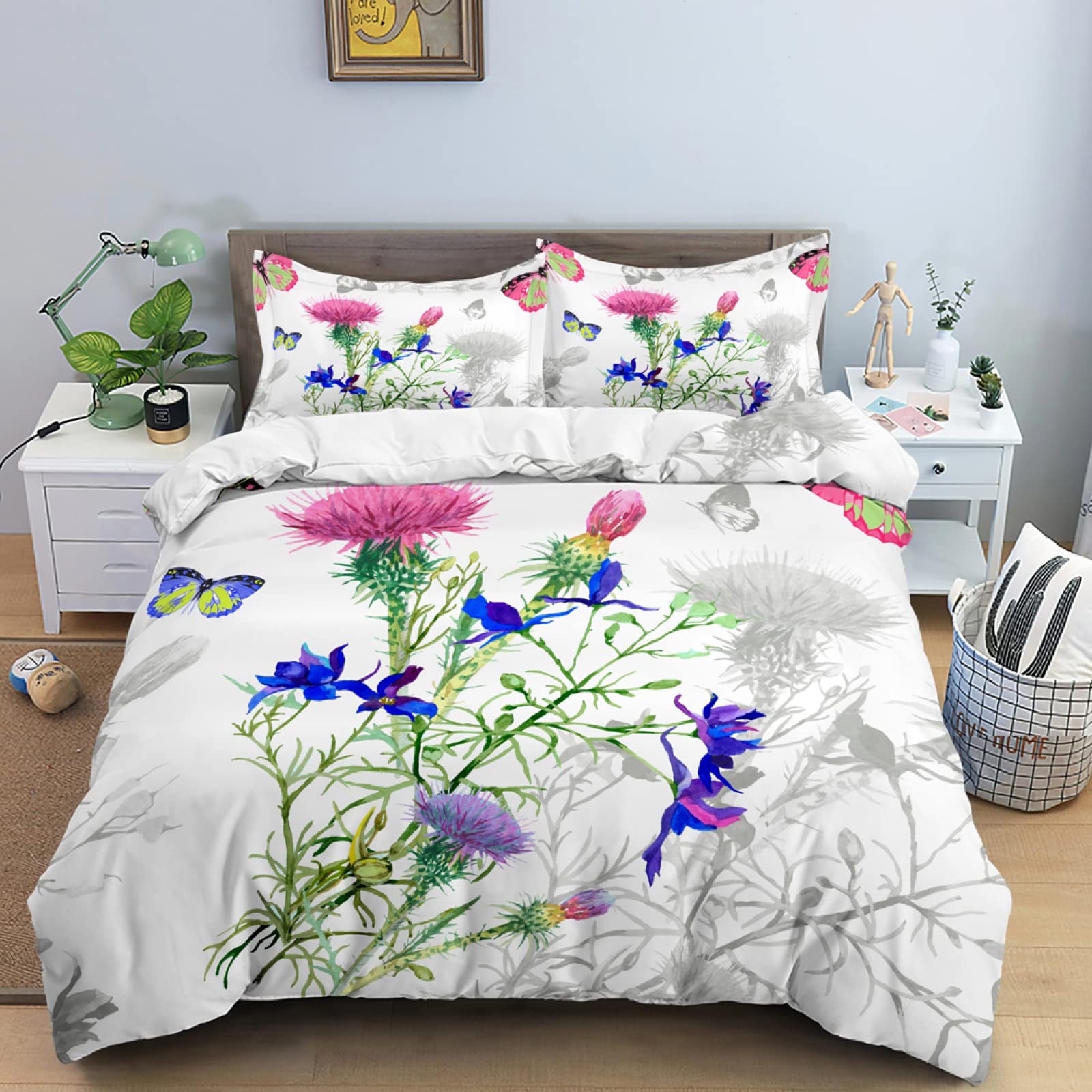 3D Floral Butterfly Duvet Cover Twin Size - Colorful White Printed 2-Piece Bedding Set with 1 Pillowcase (68