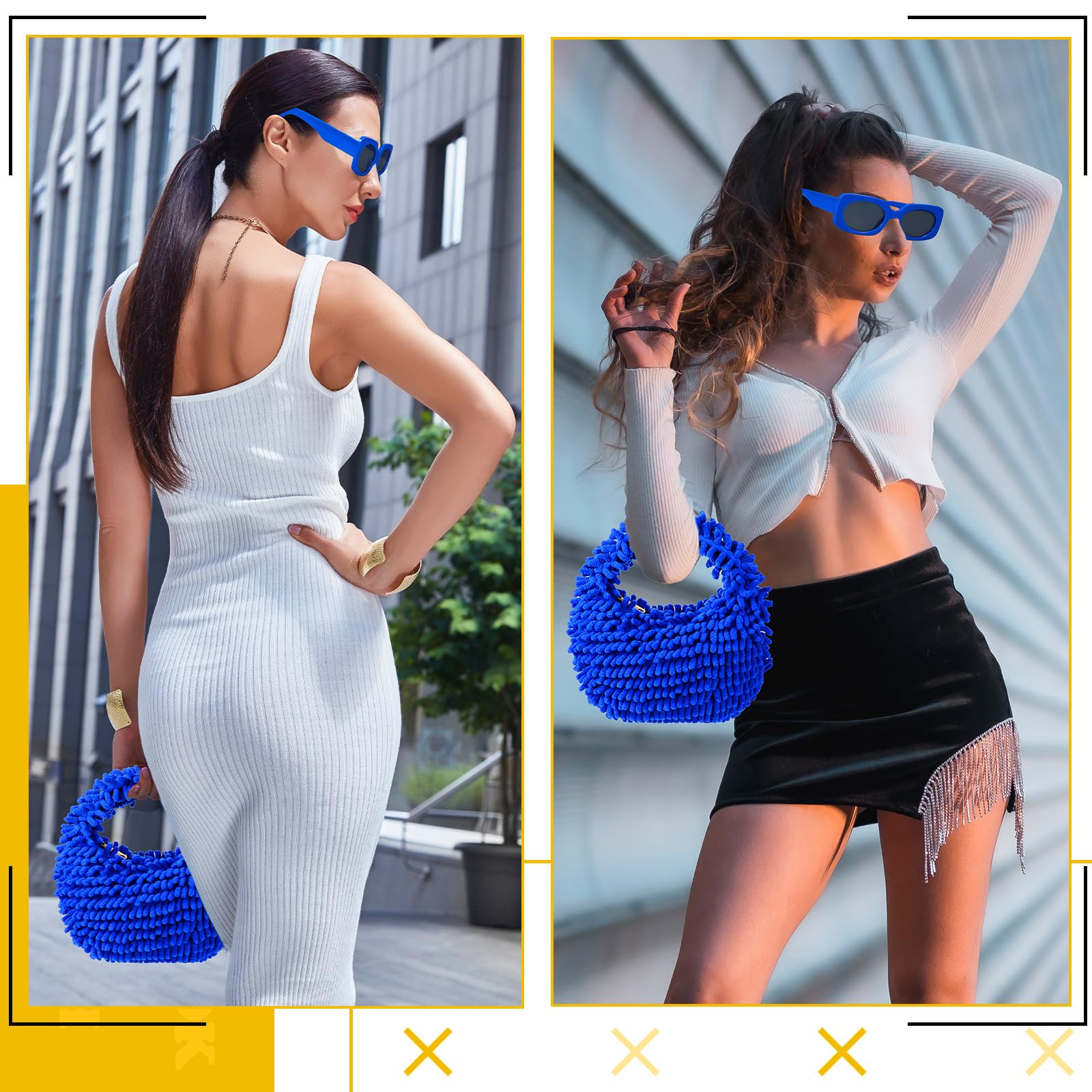 Kanayu 2-Piece Women's Neon Fuzzy Tote Bag & Retro Square Sunglasses Set - Trendy Accessories for Beach, Shopping, and Summer Outfits