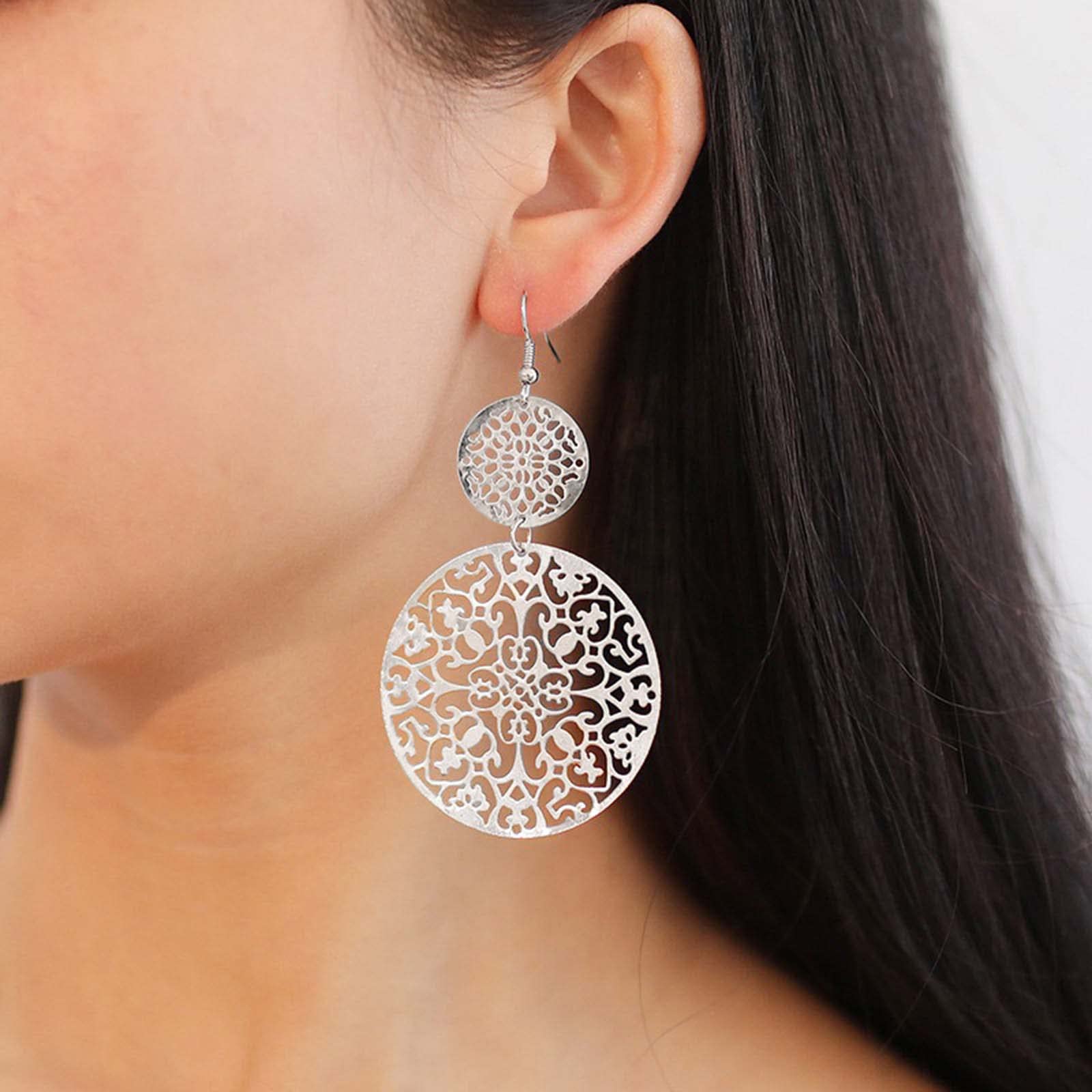Yienate Filigree Hollow Disc Dangle Drop Earrings - Boho Gold Ethnic Carved Flower Double Round Statement Hook Earrings for Women | Wedding, Bridesmaid, Party & Everyday Boho Jewelry