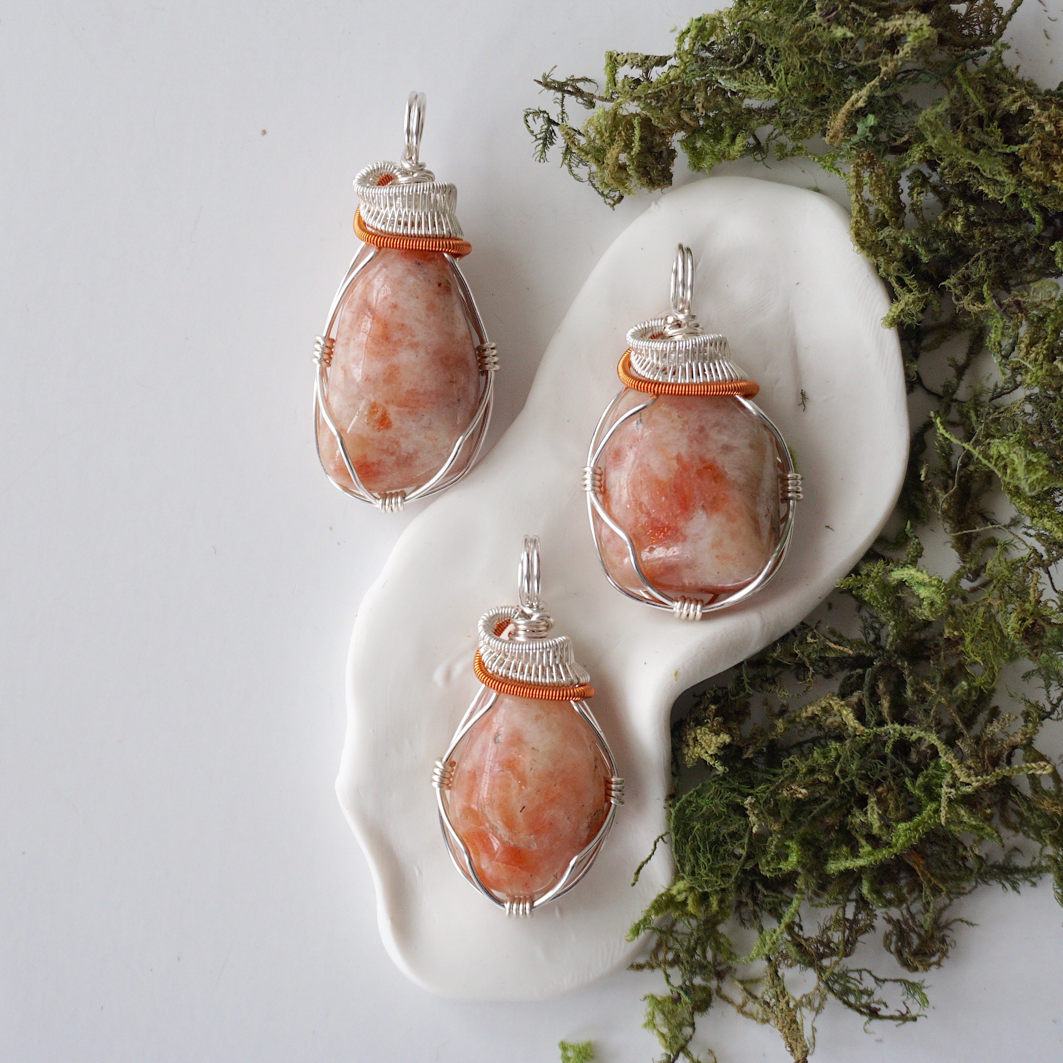 Sunstone Pendant Necklace - Sterling Silver & Copper Mixed Wire Handmade Jewelry for Women - Perfect for Spiritual Healing, Energy Work & Boho Fashion