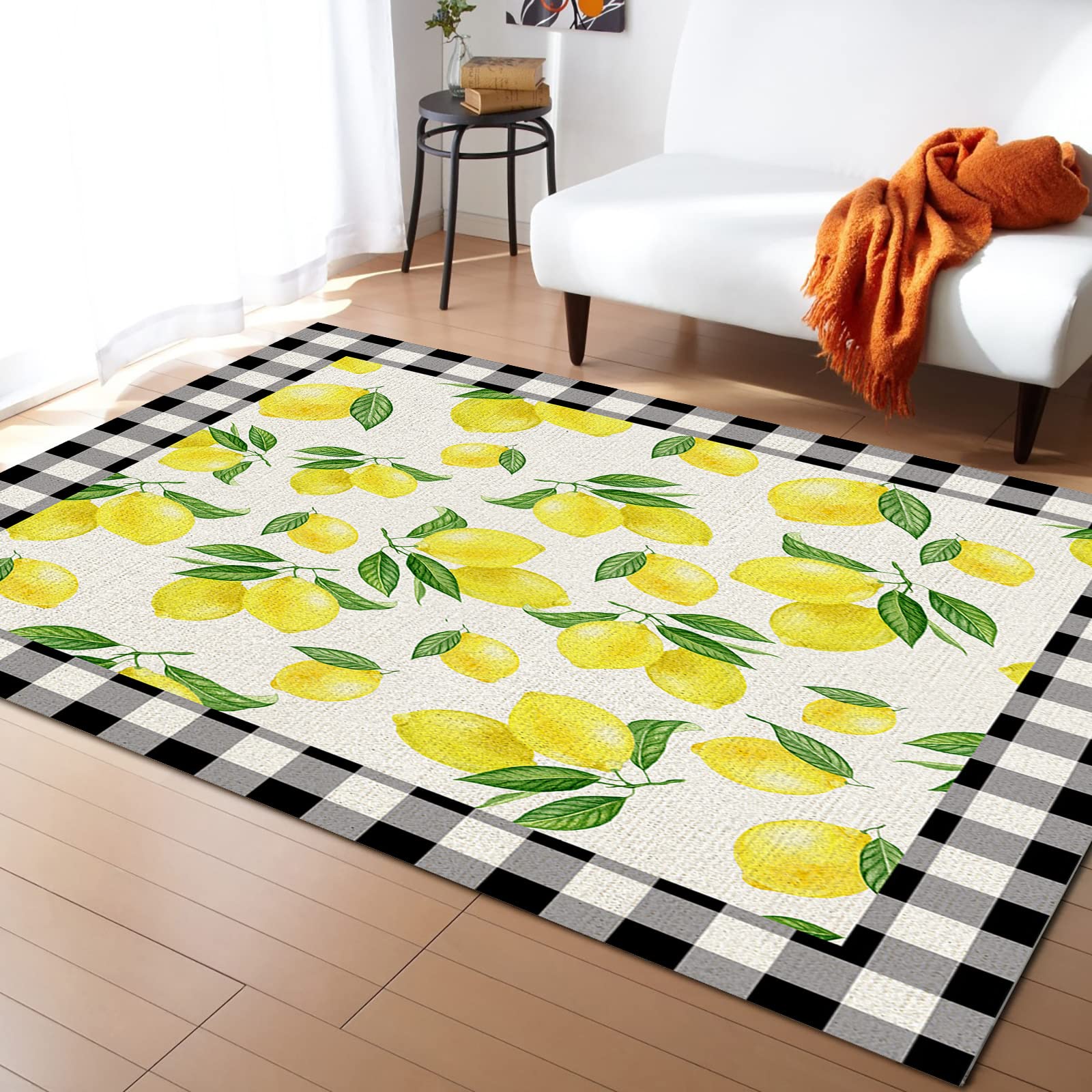 5'x8' Large Non-Slip Area Rug - Farmhouse Lemon Print Plaid Frame Carpet for Bedroom, Living Room, Kitchen, Kids Room | Summer Fruits Design with Burlap Backing | Perfect for Home Decor, Photo Backdrops and Cozy Floor Covering