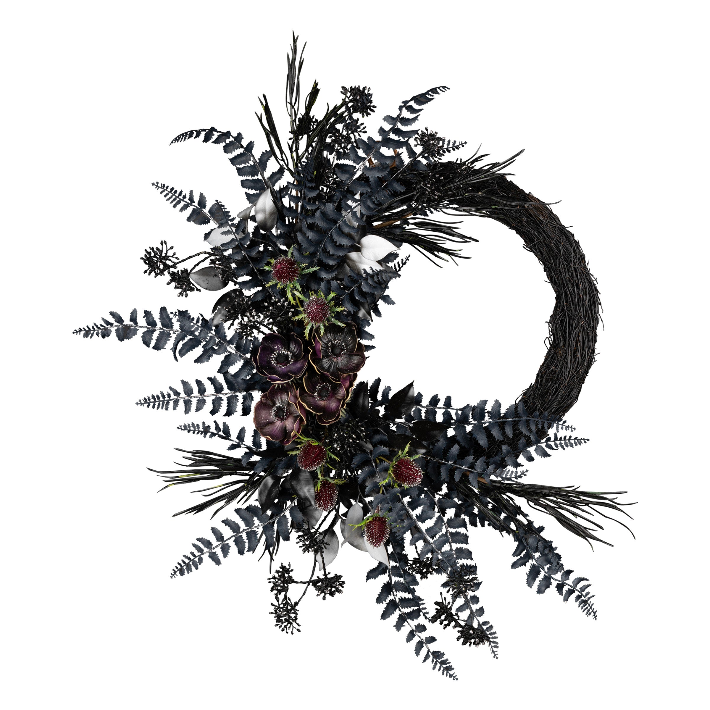 18 Inch Halloween Deep Purple Fern Sakura Half Wreath - Elegant Floral Decor for Front Door, Mantel, or Wall - Perfect for Fall, Thanksgiving & Spooky Season Home Decor