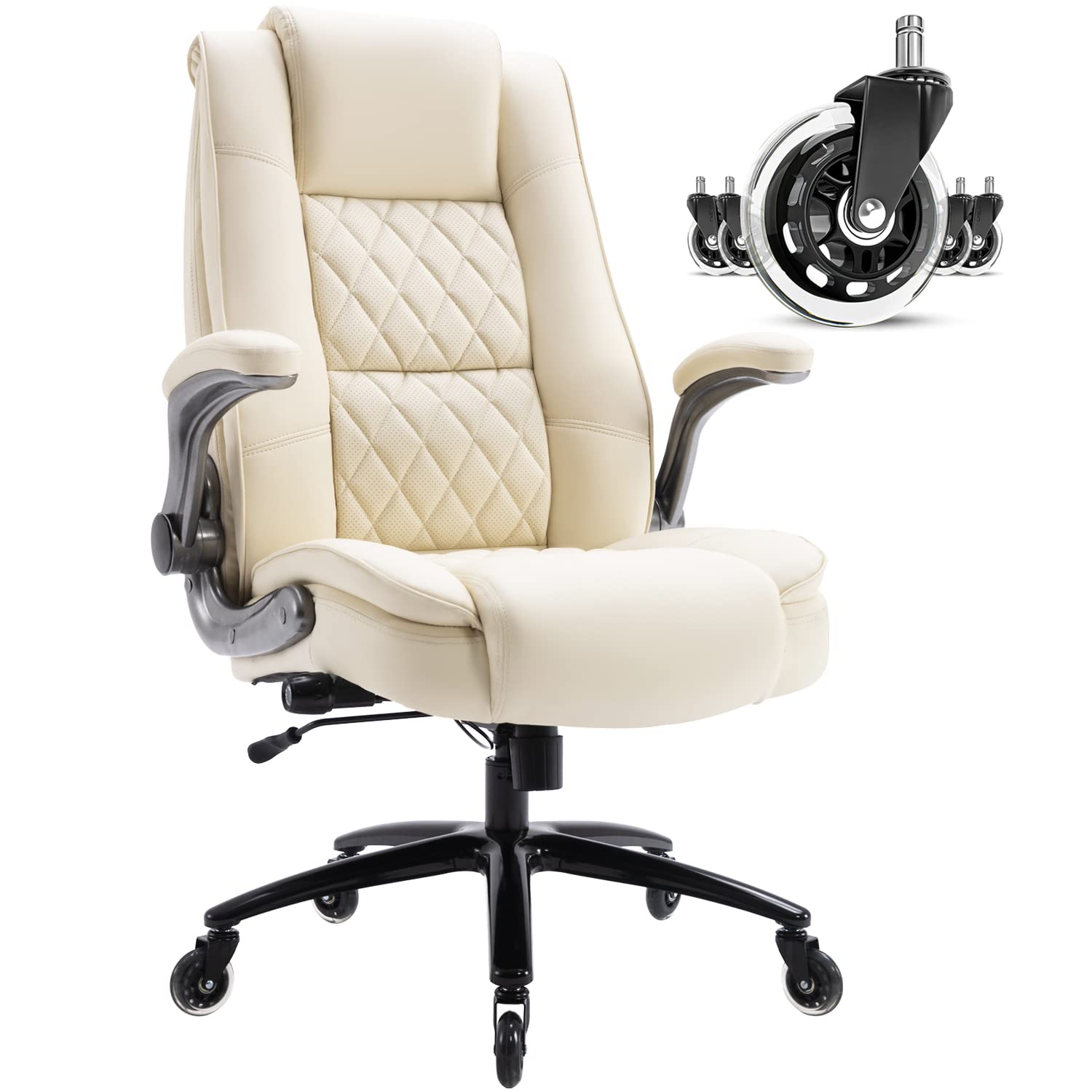 Ergonomic High Back Office Chair with Flip-Up Arms - Adjustable Executive Desk Chair with Built-in Lumbar Support & Thick Padding for Back Pain Relief - Perfect for Home Office, Gaming & Computer Work (Beige)