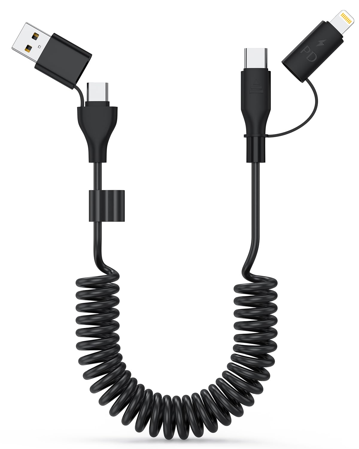 4-in-1 Retractable USB C Car Charger Cable - 4FT 60W Fast Charging & Data Sync - Compatible with iPhone CarPlay & Android Auto - USB/USB-C to USB-C/Lightning for Phones, Tablets - Perfect for Road Trips & Daily Commute