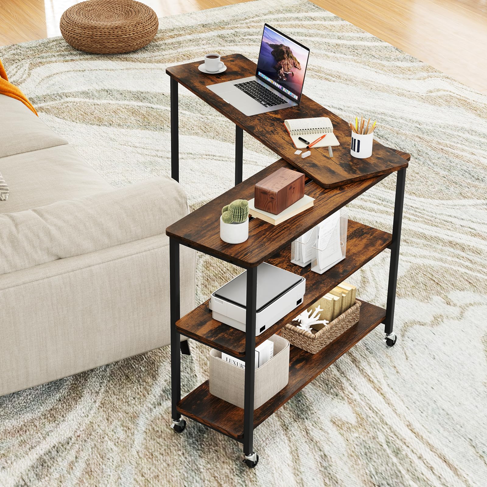 Tangkula 360° Rotating Side Table for Couch - Patented Mobile Laptop Desk with 2-Tier Storage Shelves & Sturdy Metal Frame | Extendable Snack Table for Living Room, Home Office & Bedroom Use