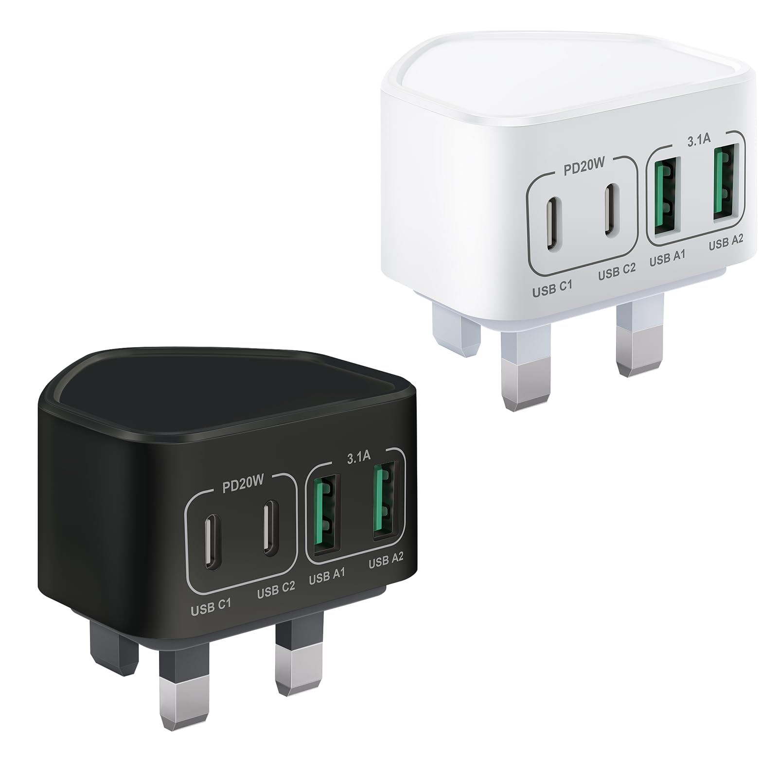 2-Pack 40W USB C Fast Charger Wall Plug - Dual Port PD Power Adapter for iPhone 15/14/13/12/11 Pro Max/SE/XS/XR/8/7 Plus, iPad, Samsung Galaxy, Huawei - UK 4-Port USB Wall Charger - Perfect for Home, Office & Travel Charging