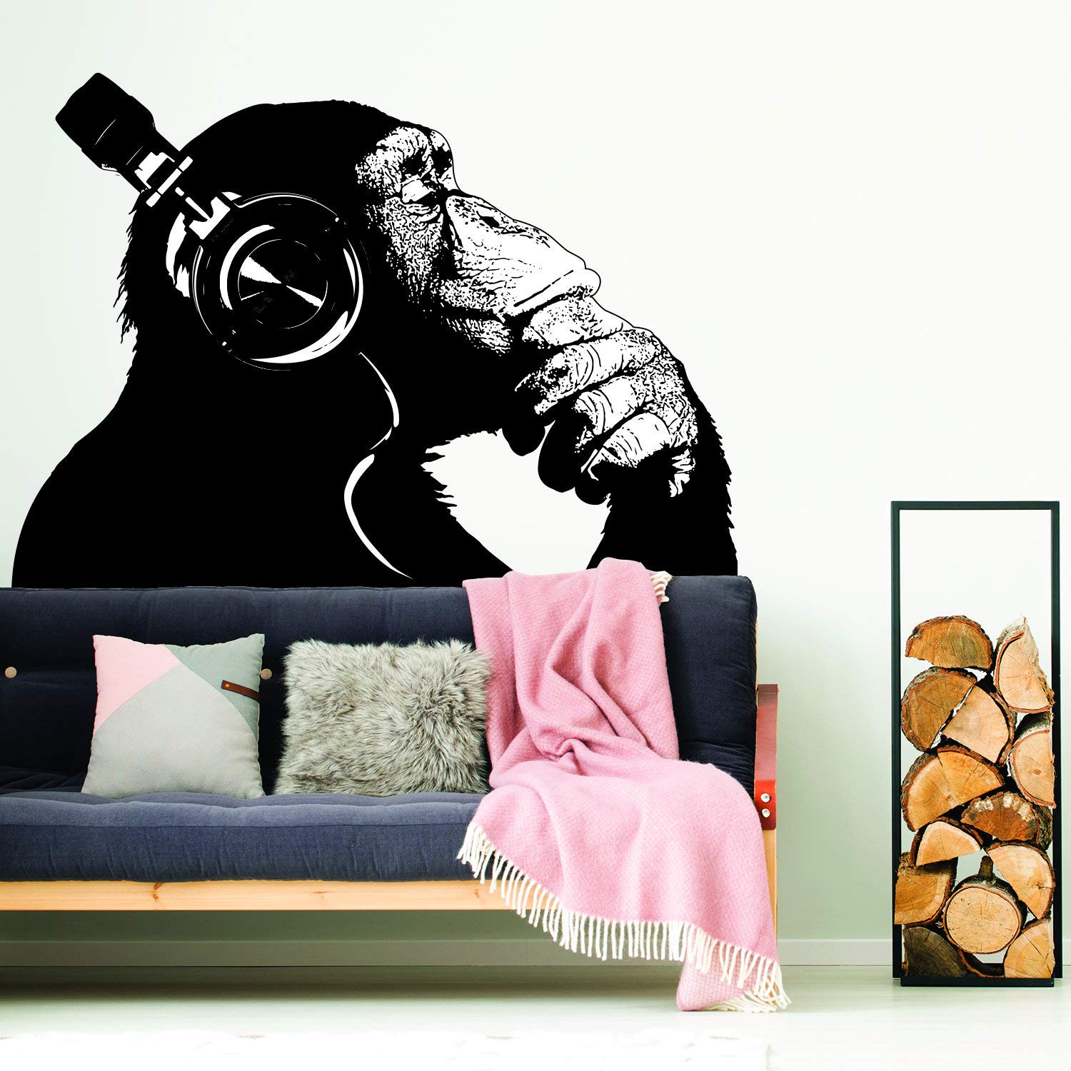 Banksy DJ Chimp Wall Decal - Thinking Monkey with Headphones Street Art Sticker - Graffiti Mural Print for Home & Office Decor - Perfect for Bedroom, Living Room, or Studio Wall Art