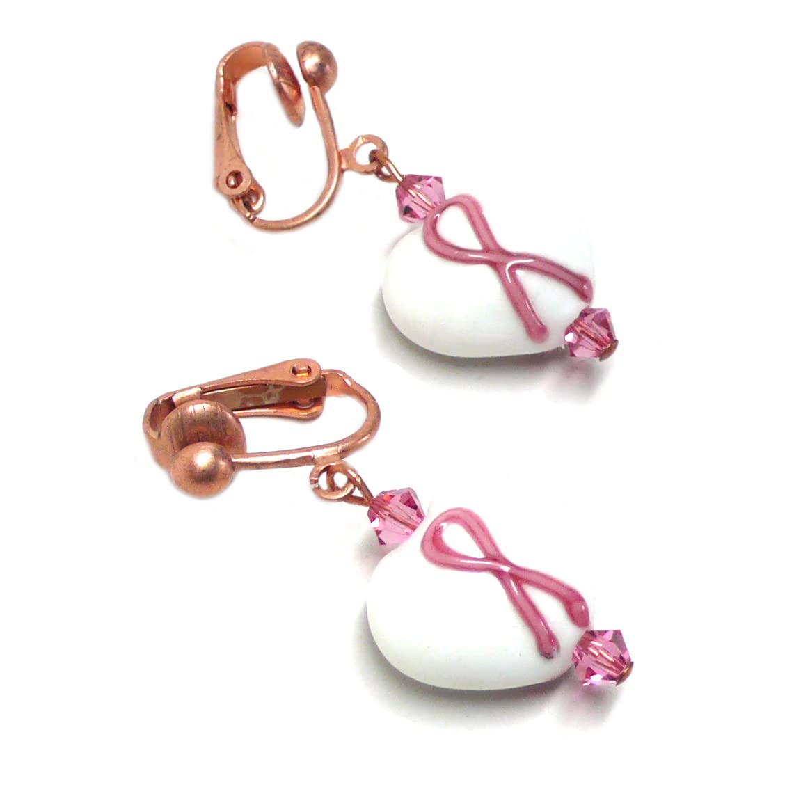 Pink Ribbon Awareness White Glass Heart Earrings - 14mm Copper Pierced or Clip On for Women - Perfect for Breast Cancer Awareness Events, Fundraisers & Everyday Wear