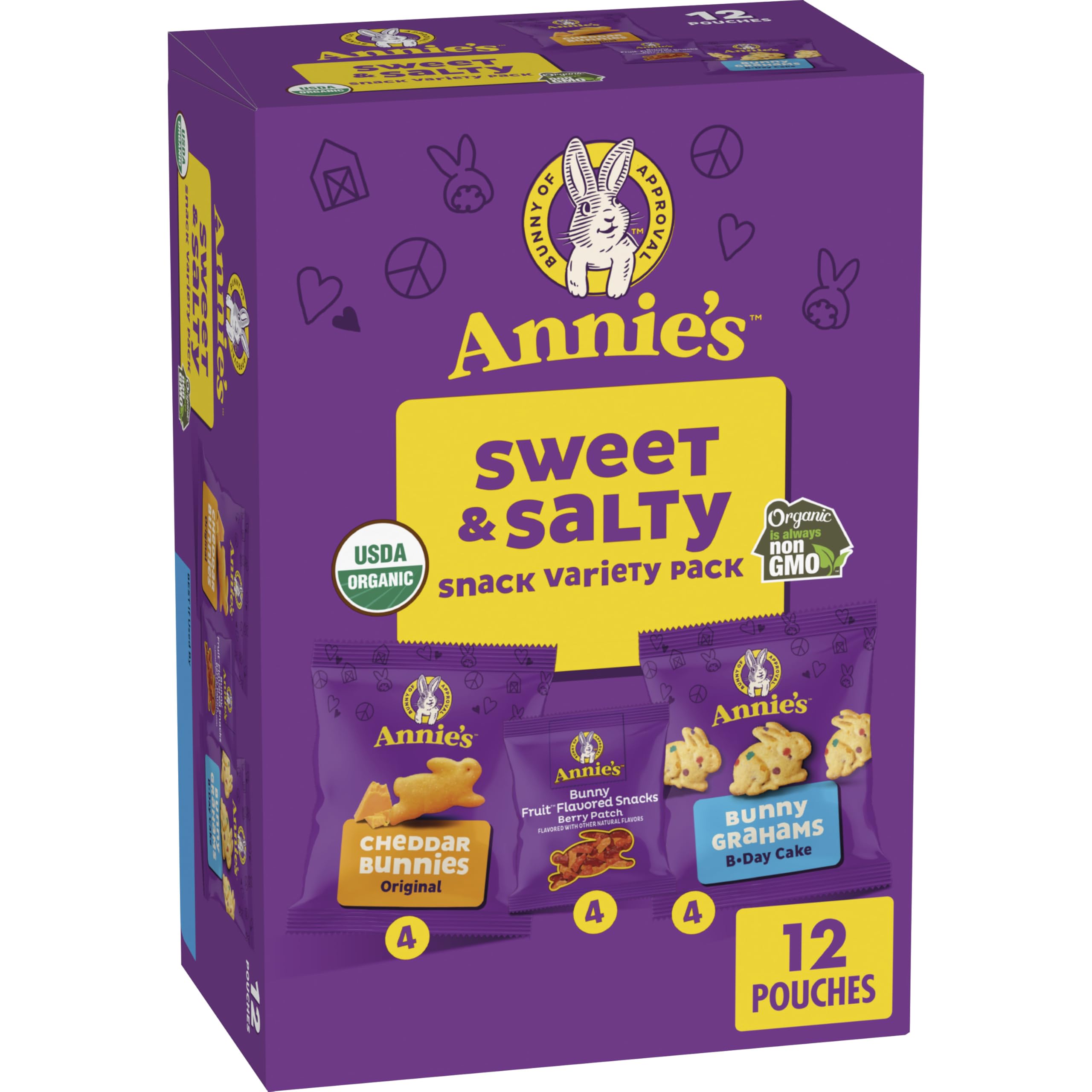 Organic Kids Snack Variety Pack - Annie's Cheddar Bunnies, Bunny Grahams & Fruit Flavored Snacks | Sweet & Salty Healthy Snacks for School, Travel & Parties | 12 Pouches (10.8 oz) | USDA Certified Organic Snacks for Toddlers & Children
