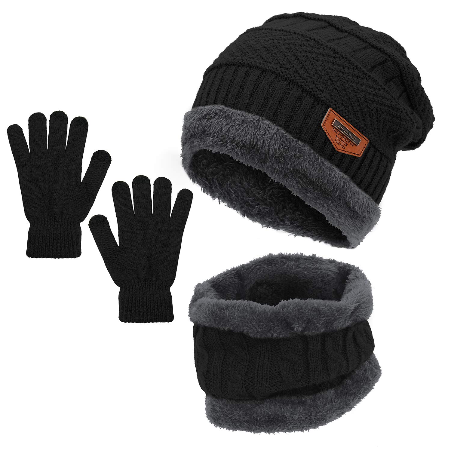 Zando Fleece-Lined Beanie Hat & Neck Warmer Set with Touchscreen Gloves - Winter Warm Accessories for Men & Women - Perfect for Skiing, Snowboarding & Outdoor Activities