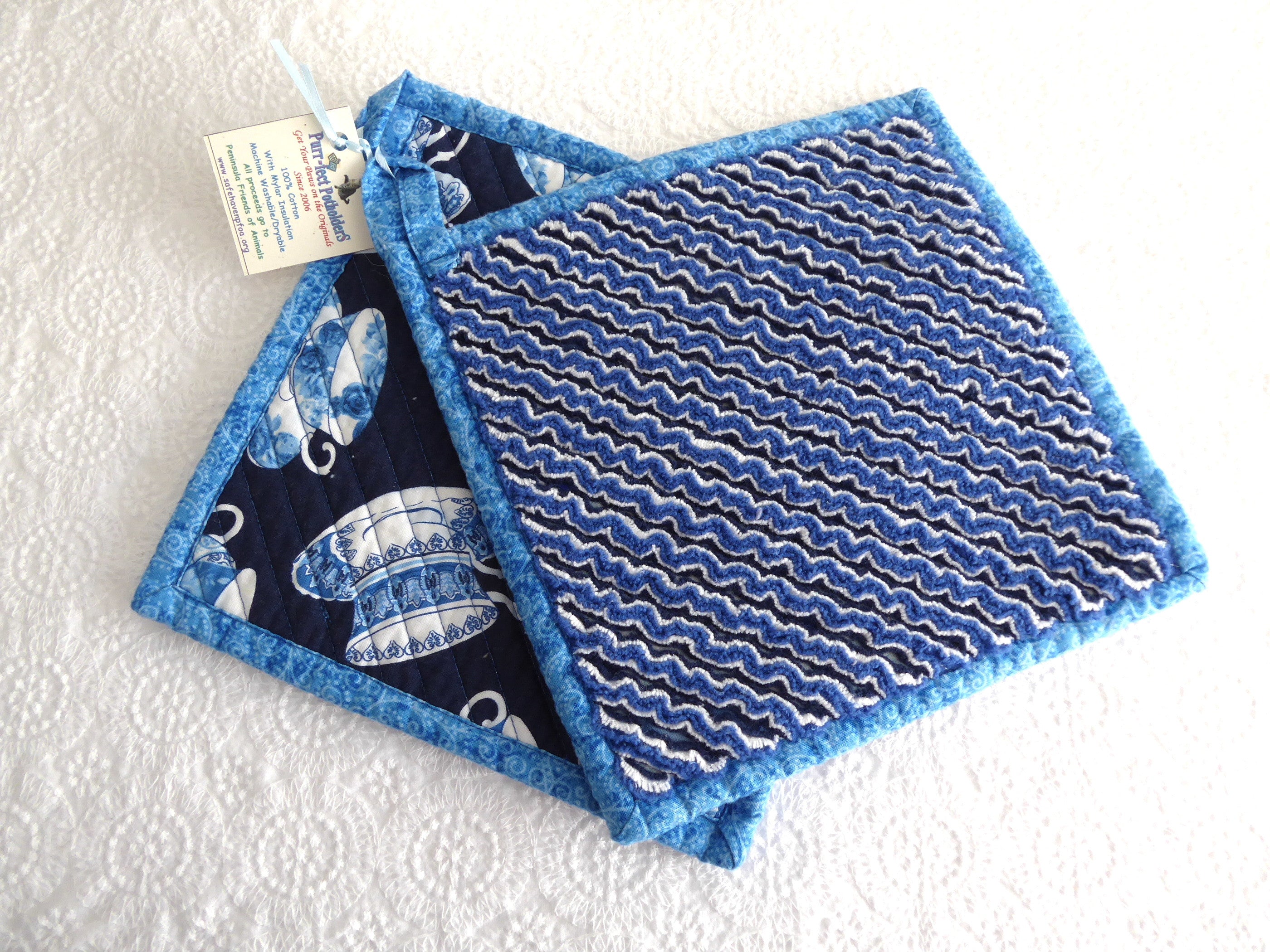 Handmade Blue Padded Teacup Potholders Set of 2 - Heat Resistant Kitchen Mitts for Hot Dishes & Baking - Supports Animal Charity - Perfect for Tea Parties, Cooking & Gift Giving