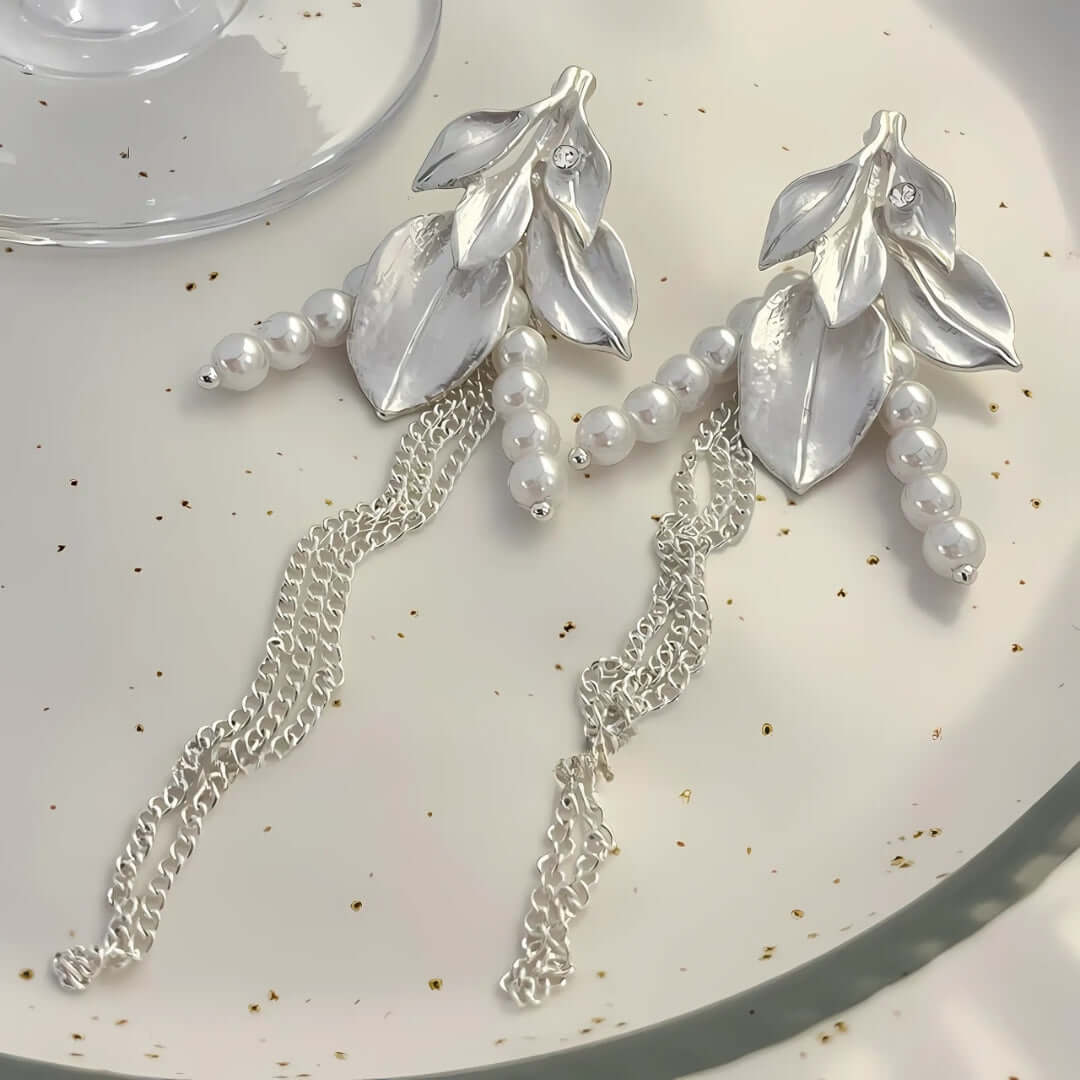 Ivory Pearl Leaf Link Chain Drop Earrings for Women | EH338 | Elegant Dangle Earrings for Wedding, Party & Evening Wear
