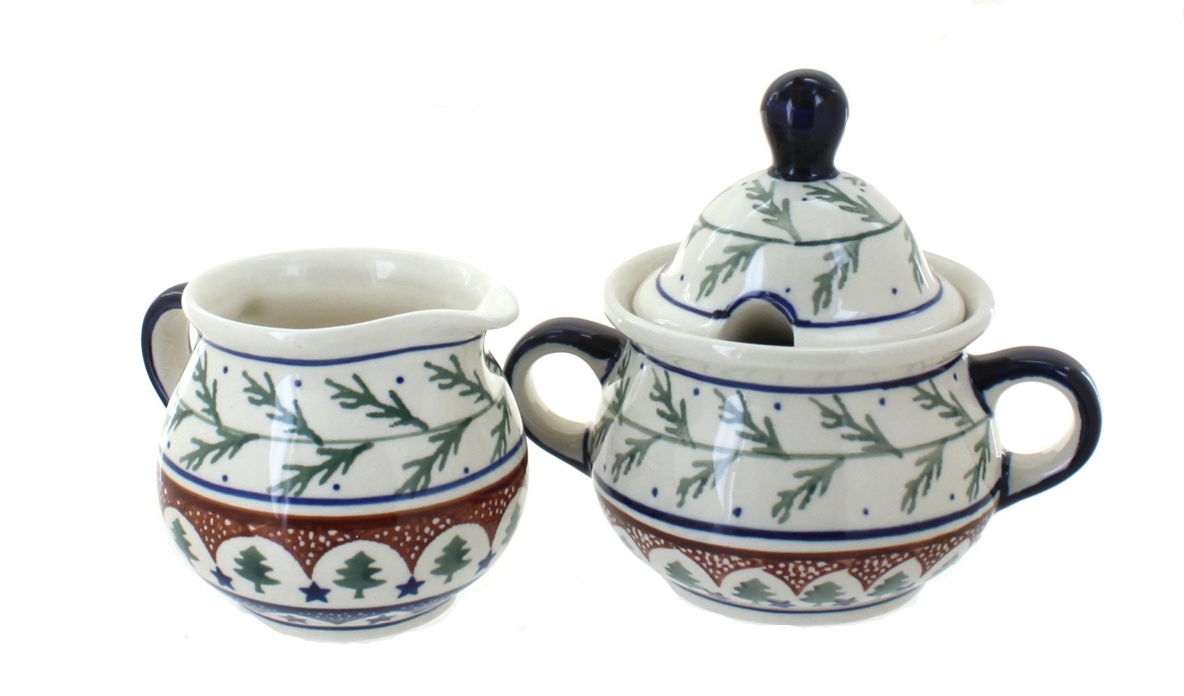 Handmade Blue Rose Polish Pottery Cream and Sugar Set - Vintage Evergreen Floral Design for Coffee & Tea Service - Perfect for Home Decor, Kitchen, and Gift Giving