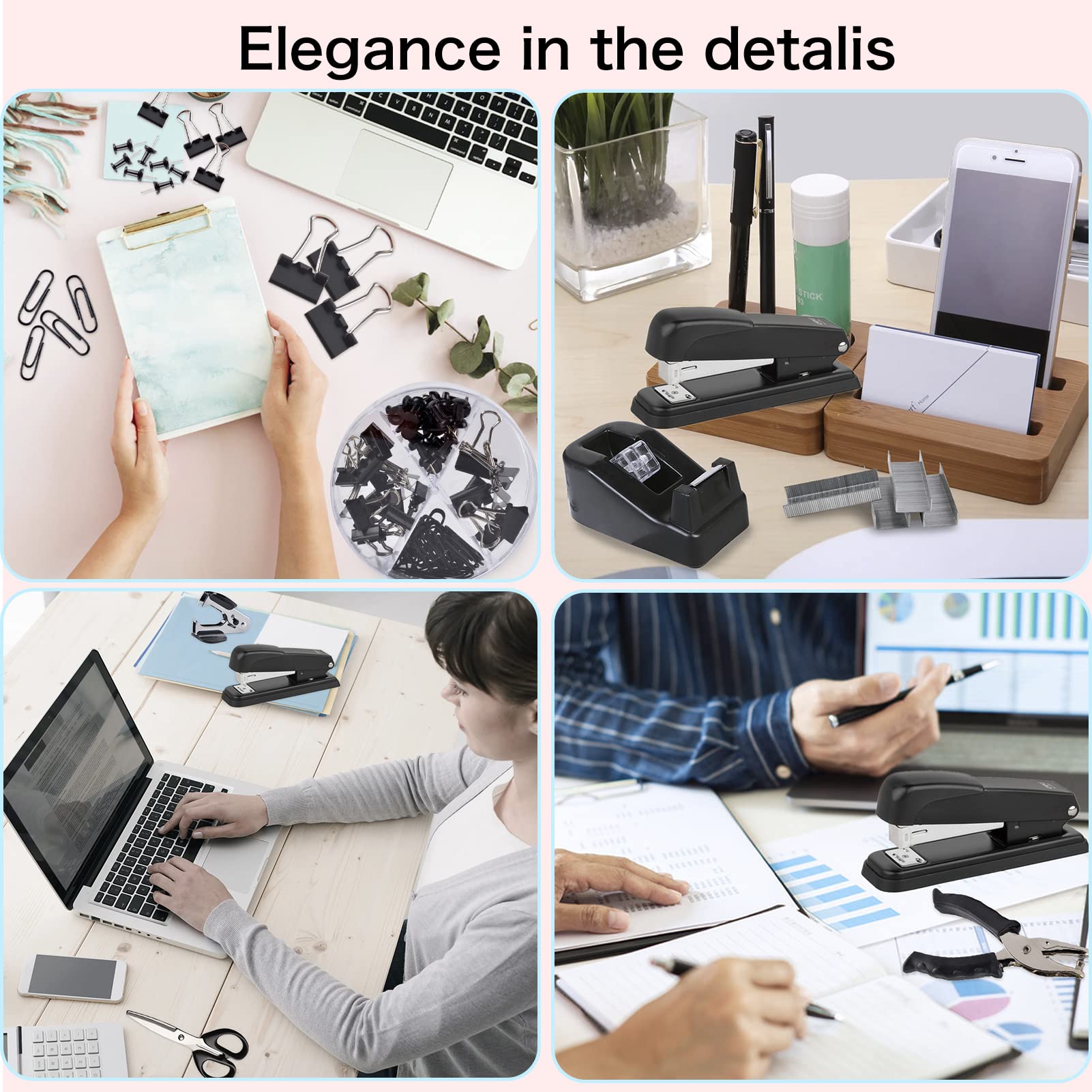 ChezMax Black Office Desk Organizer Set - 15-Piece Stapler, Staple Remover, Tape Dispenser, Scissors, Push Pins, Paper Clips & More - Perfect for Home Office, School & Workplace Organization