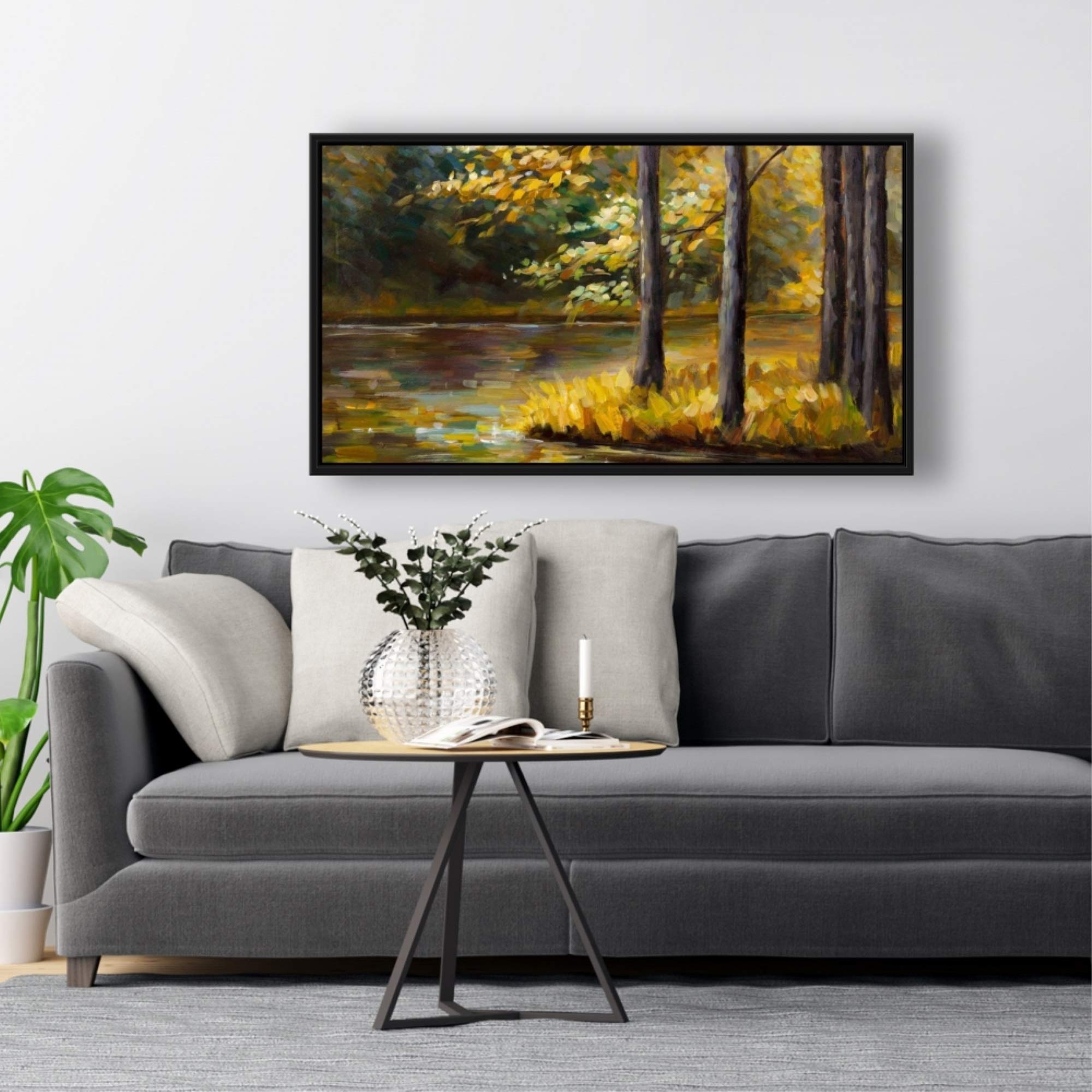 Begin Fall Landscape by The Water - Framed Canvas Art Print | Autumn Nature Wall Decor for Living Room, Bedroom & Office