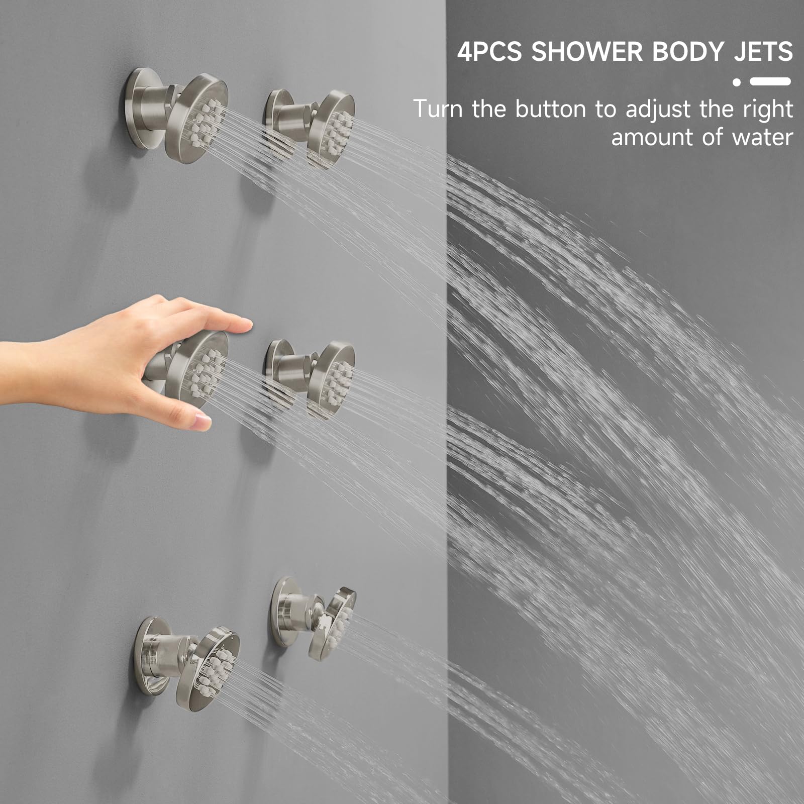 4PCS Round Shower Body Jet Spray with On/Off Flow Control - Brushed Nickel Brass Head for Spa Massage - Perfect for Bathroom Renovation & Luxury Shower Experience