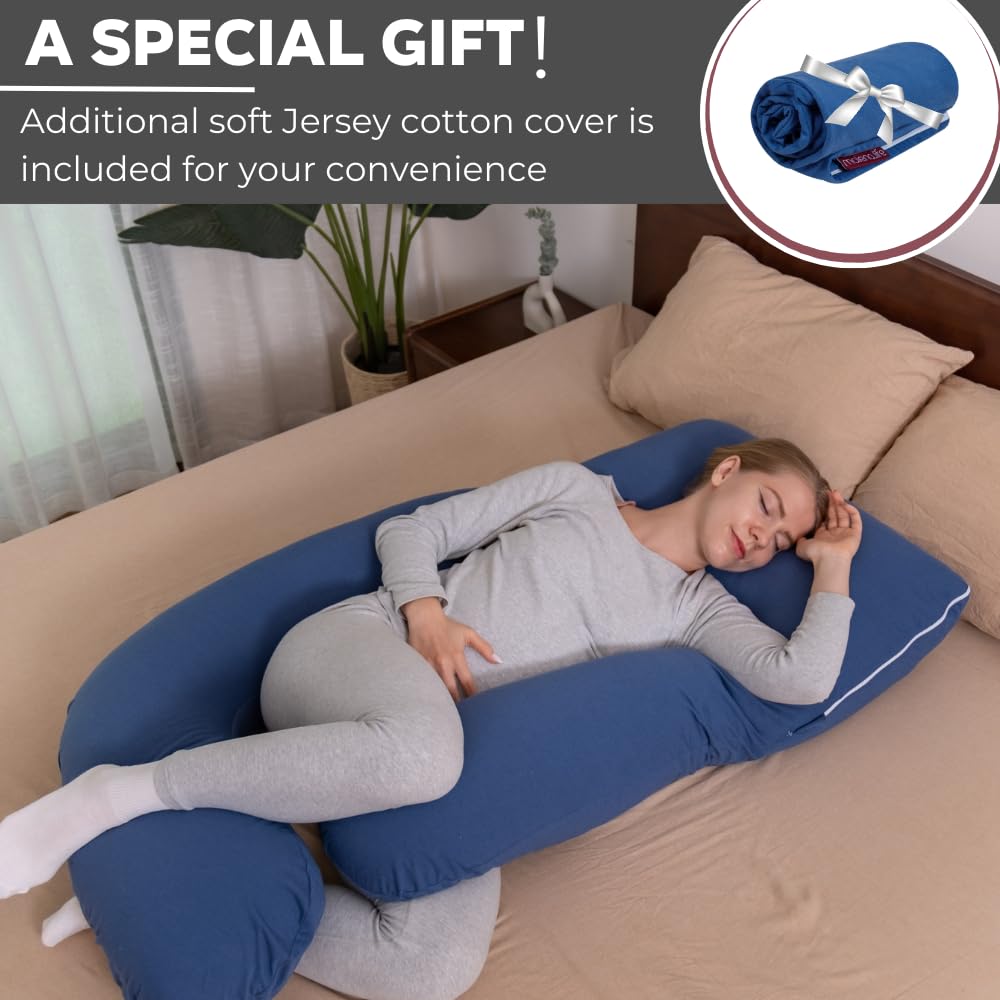 Malena Life G-Shaped Pregnancy Pillow with 2 Removable Covers | 50-inch Ergonomic Full Body Pillow for Sleeping, Maternity Support & Post-Surgery Recovery - Grey Velvet & Blue Cotton | Perfect for Side Sleepers, Pregnant Women & Recovery Patients
