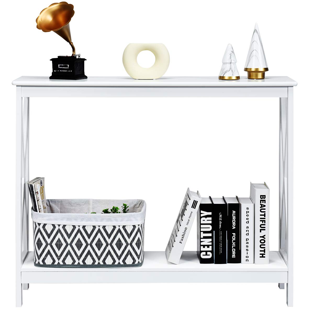 Giantex White 2-Tier Console Table with Storage Shelf, X-Design Narrow Accent Table for Entryway, Hallway, Living Room | Sofa Side Table, Bookshelf | Perfect for Small Spaces & Home Decor