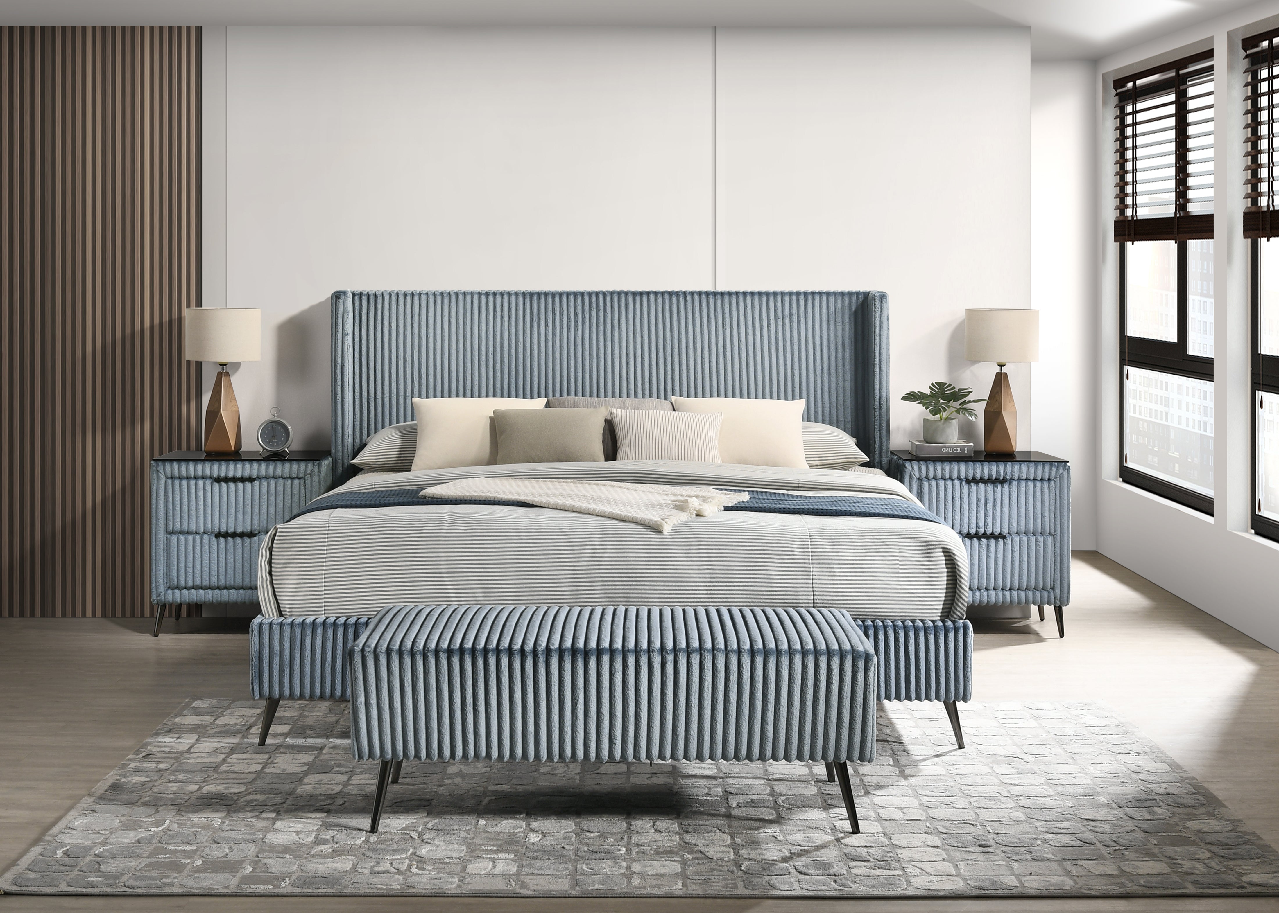 Roundhill Furniture Mavela Wide Wale Corduroy Upholstered Panel Bed Set with 2 Nightstands & Bench - Luxurious Bedroom Suite for Master Bedroom or Guest Room