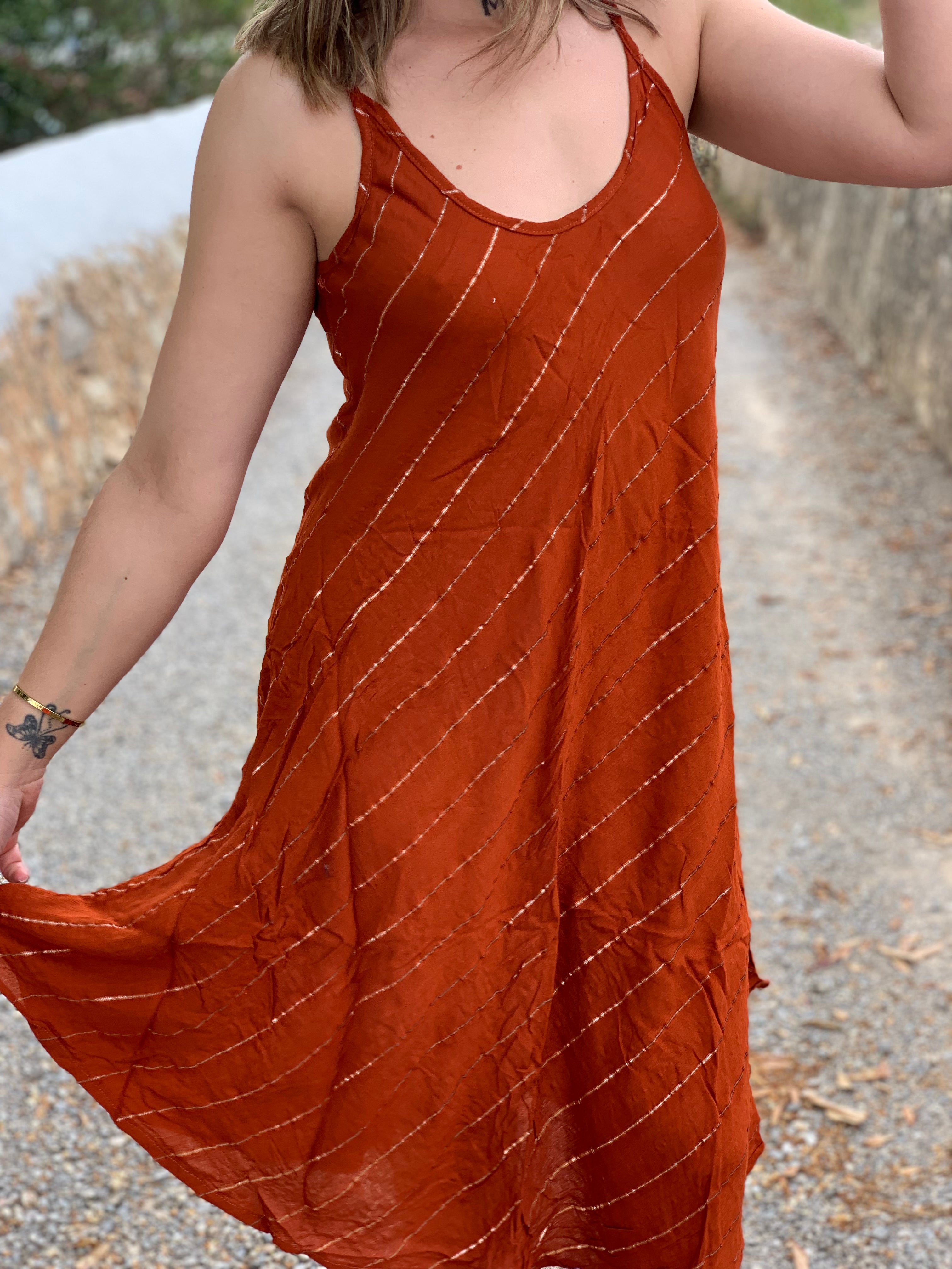 Stylish Slip Dress with Lurex Detail - Rusty Red Mid-Length Evening Dress for Women | Perfect for Parties, Date Nights & Special Occasions