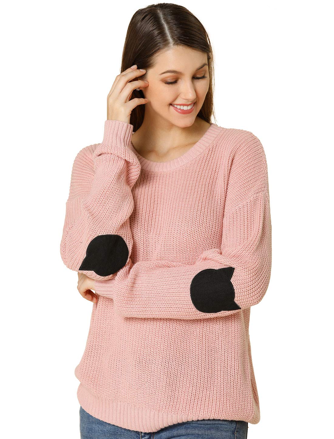 Allegra K Women's Long Sleeve Cat Sweater with Elbow Patches - Drop Shoulder Pullover Jumper for Casual Wear, Office & Fall Fashion