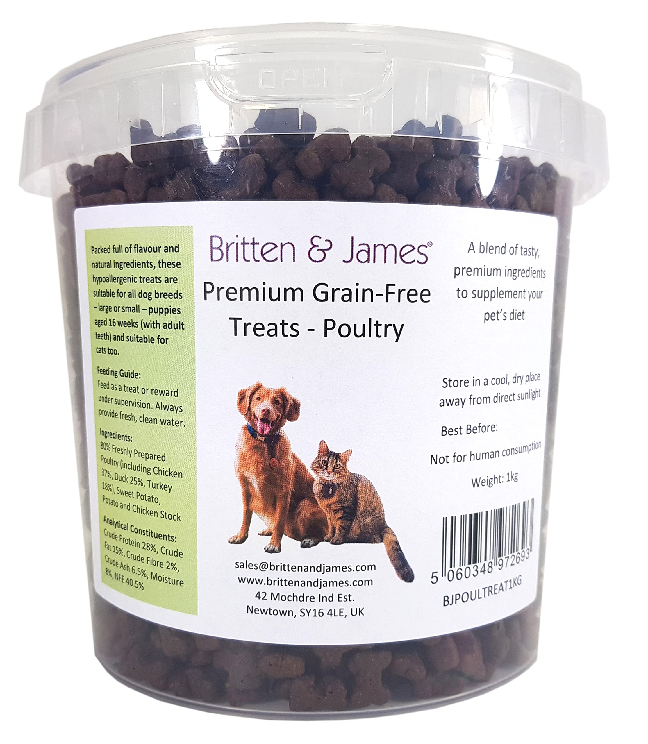 Grain Free Dog Treats & Cat Treats - Natural Poultry Flavor, 1kg in Stay Fresh 2L Tub - Healthy Pet Snacks for Training & Rewards by Britten and James - Perfect for Dogs & Cats of All Sizes at Home or Travel