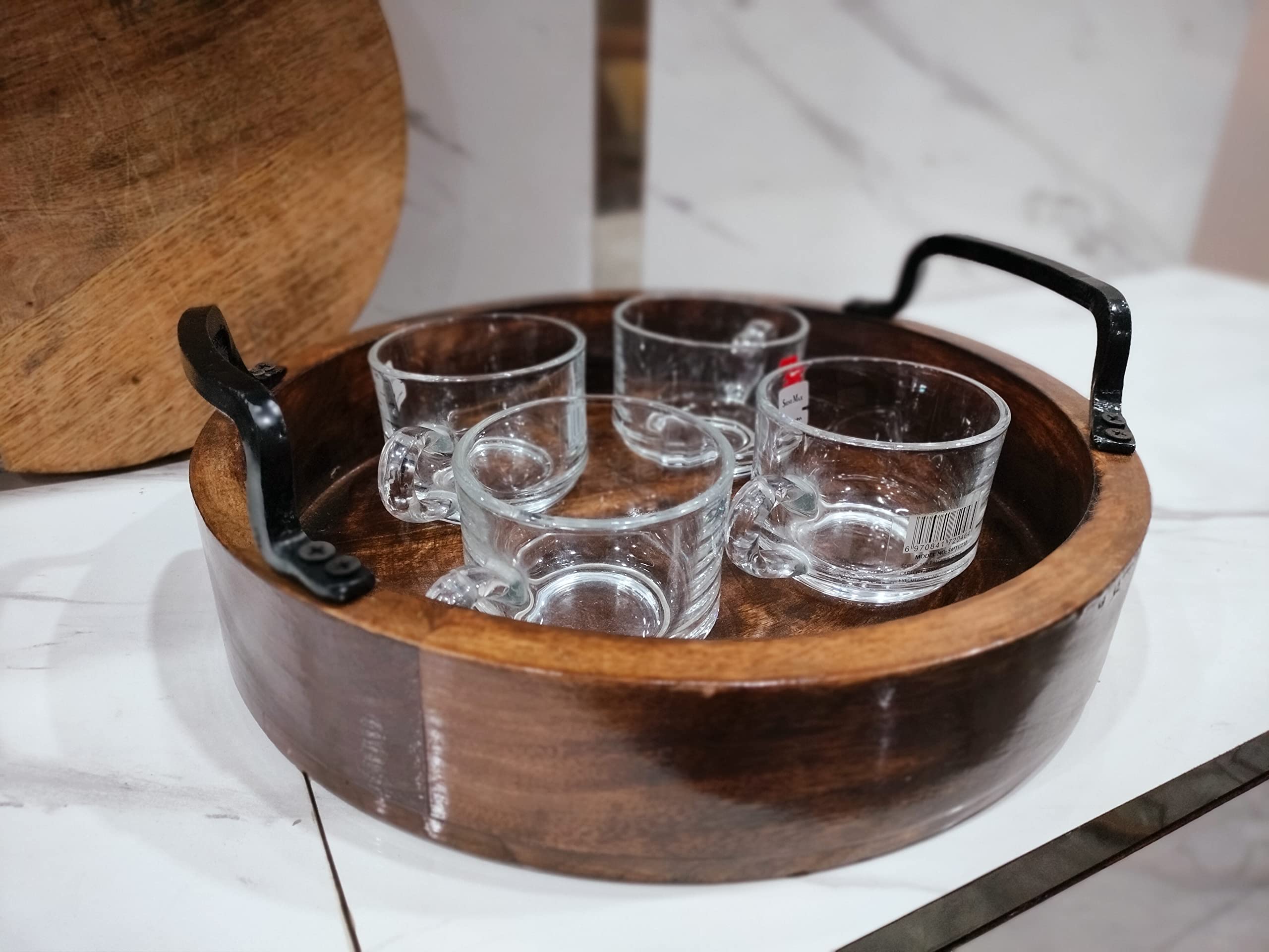 Handcrafted Rustic Wooden Serving Trays Set of 2 - Round Antique Brown Wood Trays with Handles for Kitchen, Dining, Coffee Table Decor & Entertaining