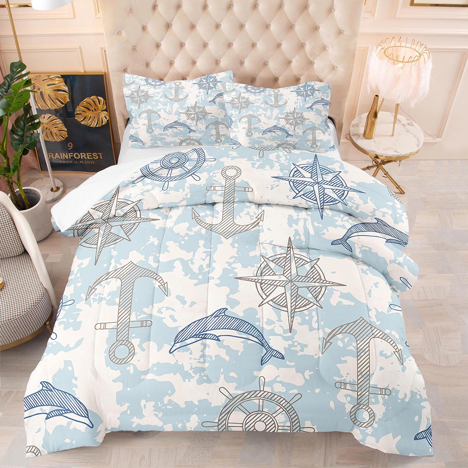 Nautical Anchor King Size Comforter Set - Lightweight Ocean Blue Bedding with Compass Design, Includes 1 Comforter + 2 Pillow Shams | Perfect for Coastal, Beach House, or Nautical Theme Bedrooms