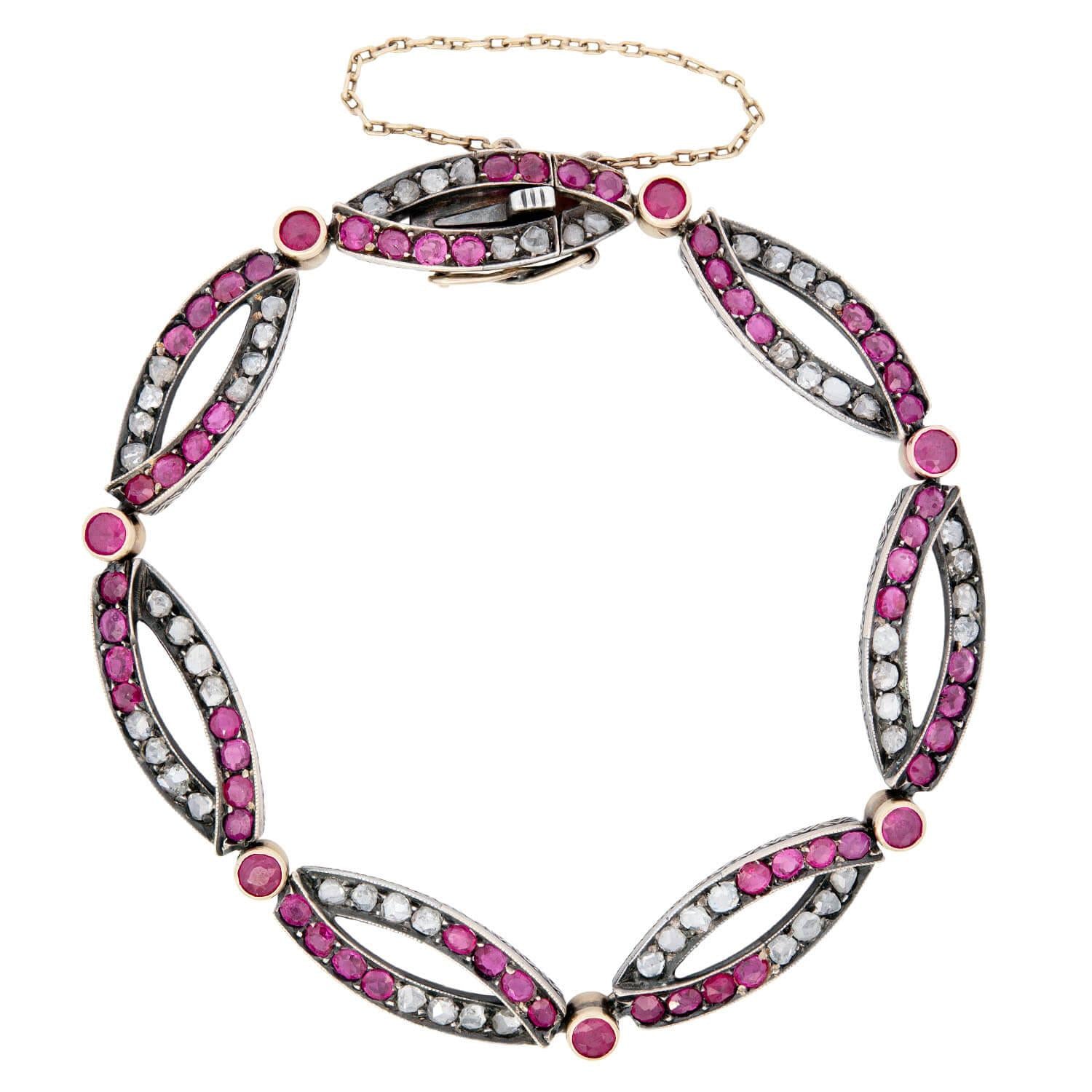 Exquisite Victorian French 18k Gold/Sterling Silver Ruby & Diamond Bracelet - Elegant Jewelry for Weddings, Anniversaries & Special Occasions