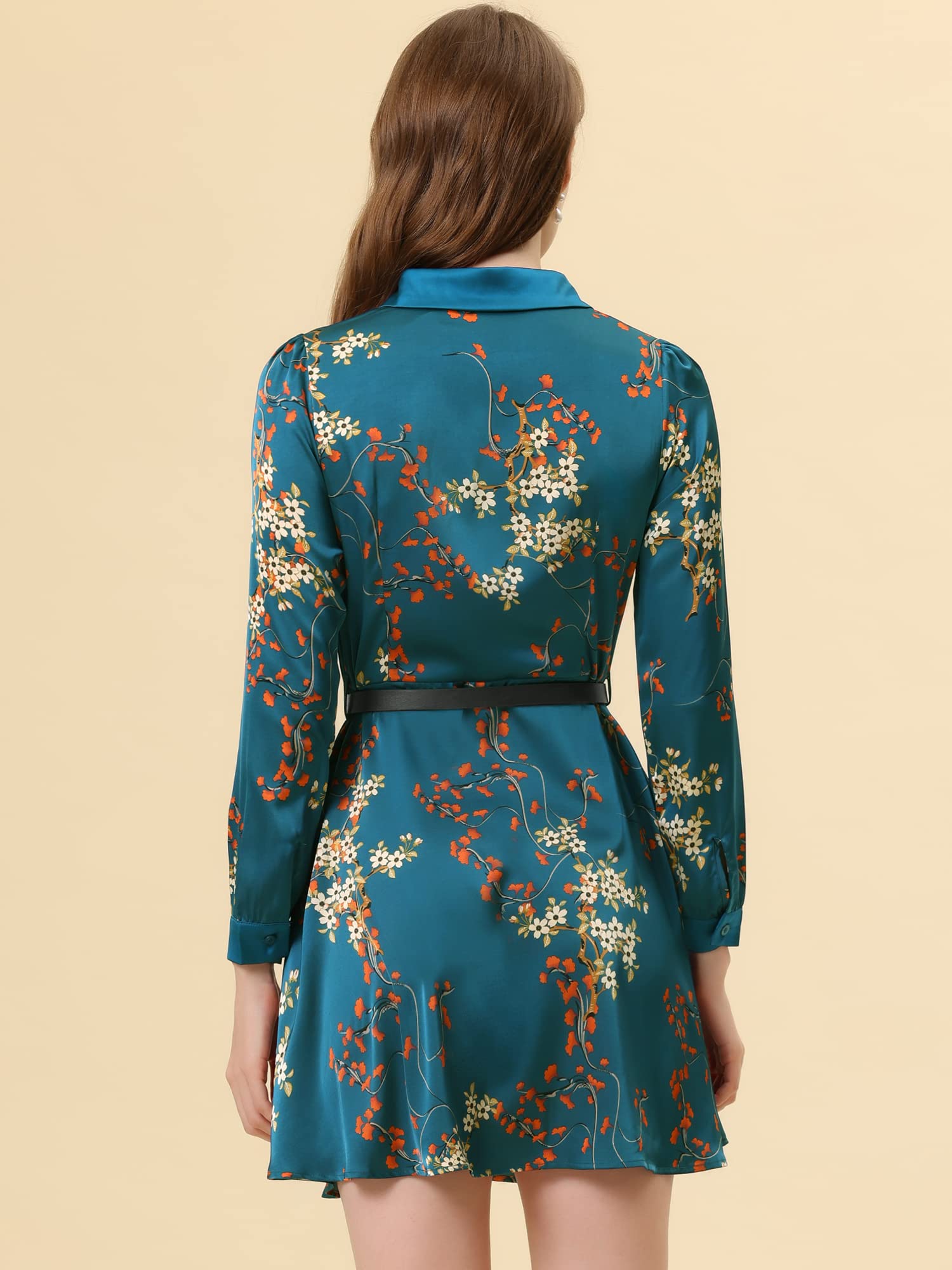 Allegra K Women's Floral Satin Long Sleeve Belted Button Down Dress for Spring & Fall | Elegant Office Wear & Special Occasion Outfit