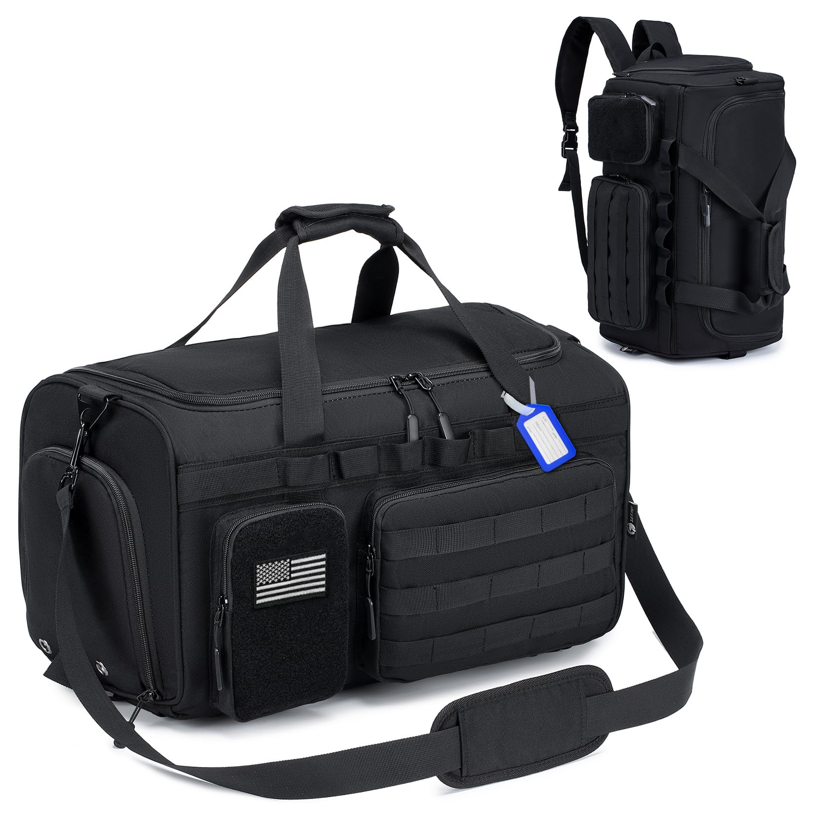 **Men's Tactical Duffle Bag - 3-in-1 Gym, Sports & Travel Backpack with Shoe Compartment & Wet Pocket - Military Style Weekender Overnight Bag (Black) - Perfect for Workouts, Travel & Outdoor Adventures**