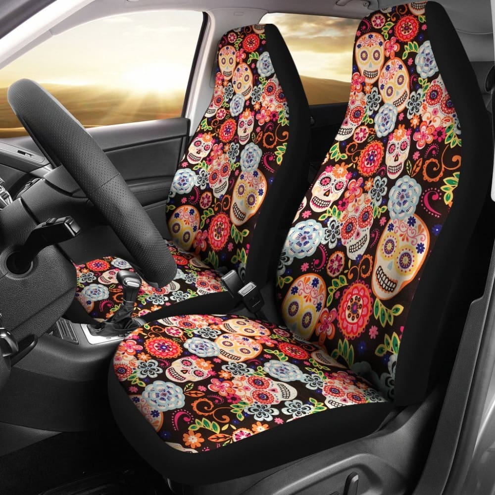 2 Pcs Sugar Skull Car Seat Covers - Durable & Stylish Mexican Sugar Skull Design for Cars, Trucks & SUVs - Perfect for Day of the Dead Decor, Halloween & Gothic Car Accessories
