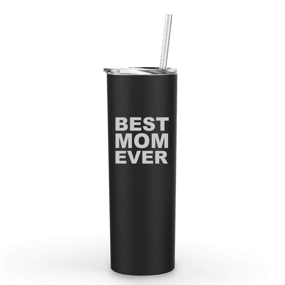 20 oz Skinny Tall Stainless Steel Vacuum Insulated Tumbler with Straw - Leakproof Travel Mug for Coffee & Tea - Best Mom Ever Gift (Black) - Perfect for Office, Gym, Road Trips & Outdoor Adventures