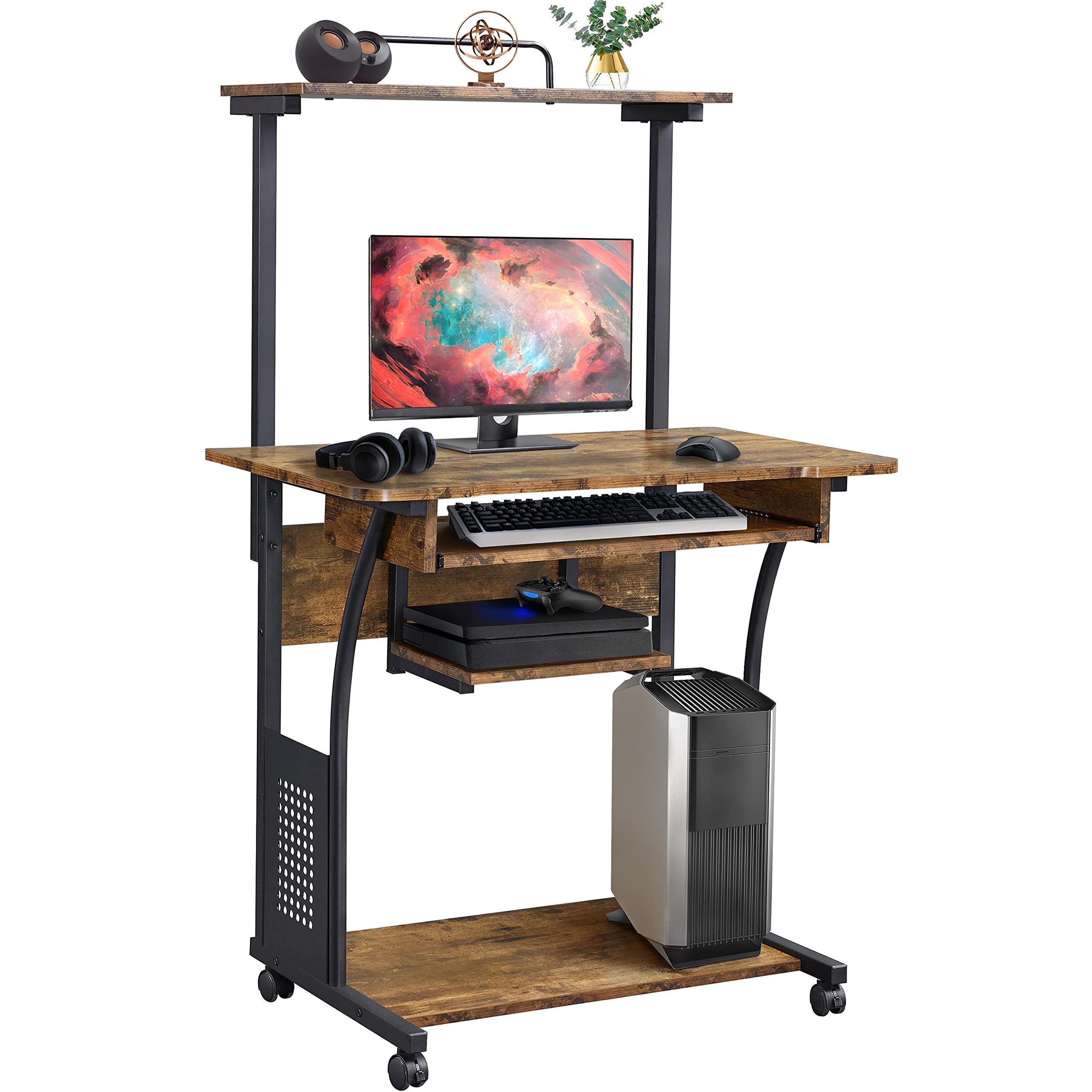 Yaheetech 3-Tier Computer Desk with Printer Shelf & Keyboard Tray - Sturdy Home Office Desk, Rolling Workstation for Small Spaces, Rustic Brown - Perfect for Remote Work, Gaming & Study Setup