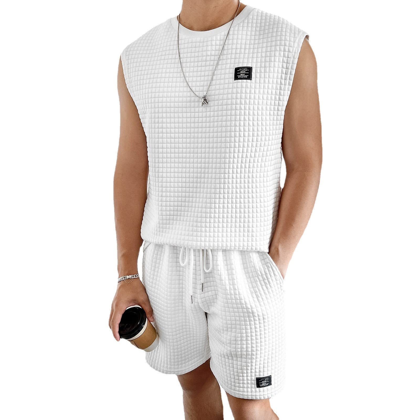 Men's Waffle Knit Tank Top & Shorts 2-Piece Summer Outfit - Breathable Short Sleeve Athletic Set for Gym, Running & Casual Wear