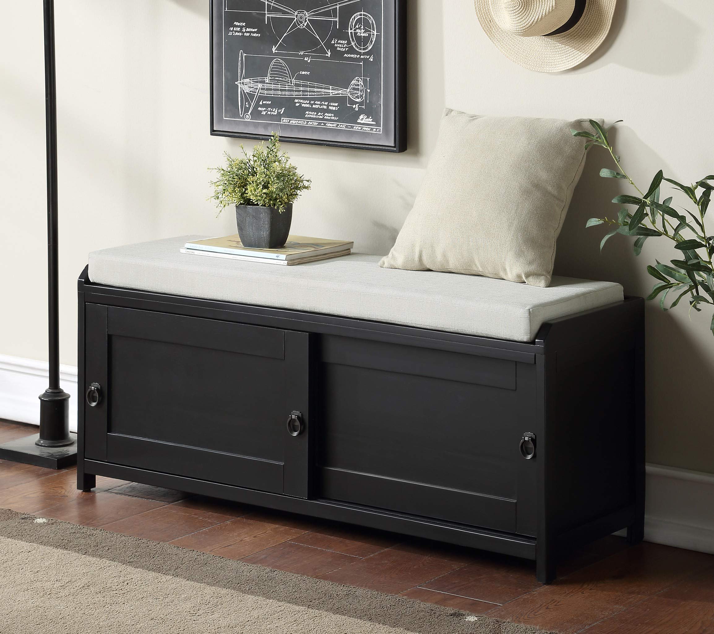 Modern Farmhouse Sliding Barn Door Storage Bench with 2 Cabinets - Wooden Entryway Shoe Bench for Hallway, Mudroom & Living Room - Rustic Home Decor for Entryway Organization (Black) | Perfect for Small Spaces & Shoe Storage Solutions