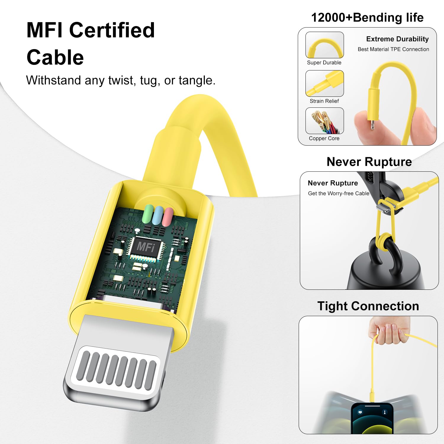 Fast Charging USB C to Lightning Cable [6FT+10FT] - 20W USB C Charger Block for iPhone 14/13/12 Pro Max - Durable Phone Charger Cord (White+Yellow) - Perfect for Home, Office & Travel Charging