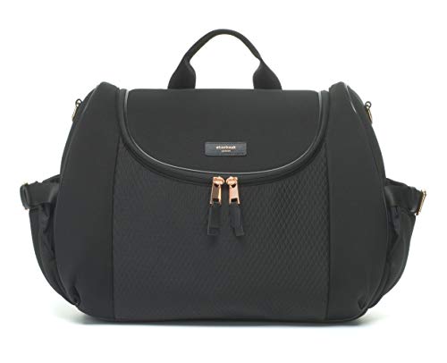 Storksak Poppy Luxe Black Scuba Shoulder & Stroller Bag with Rose Gold Hardware | Water Resistant Convertible Diaper Backpack for Moms | Large Storage, Universal Fit, Integrated Accessories | Perfect for Travel, Shopping & Daily Parenting Needs